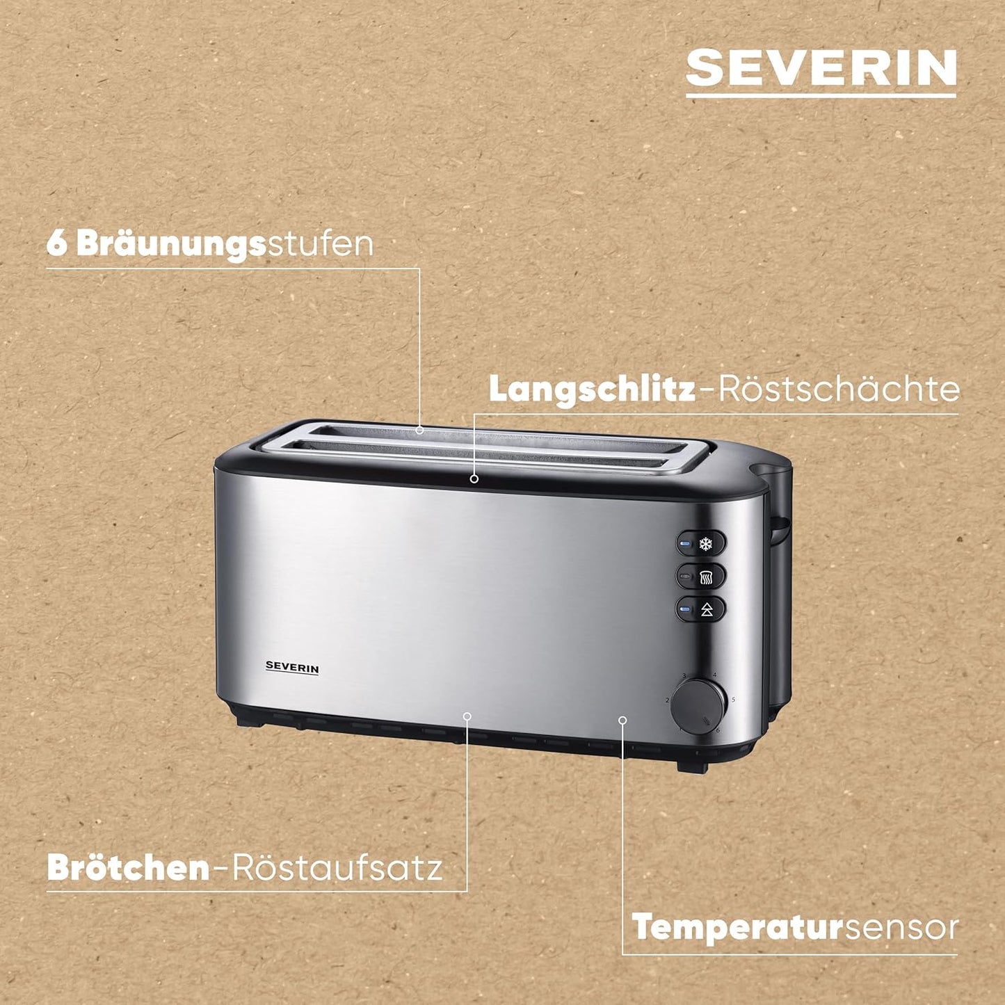 Severin AT Doppel-Langschlitztoaster mit eingebautem Brötchenaufsatz Edelstahl (gebürstet), Schwarz