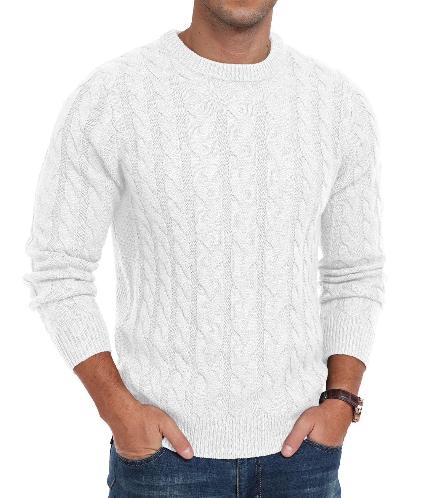 QIXING Men’s Cable Knit Sweater – Chunky Crewneck Pullover