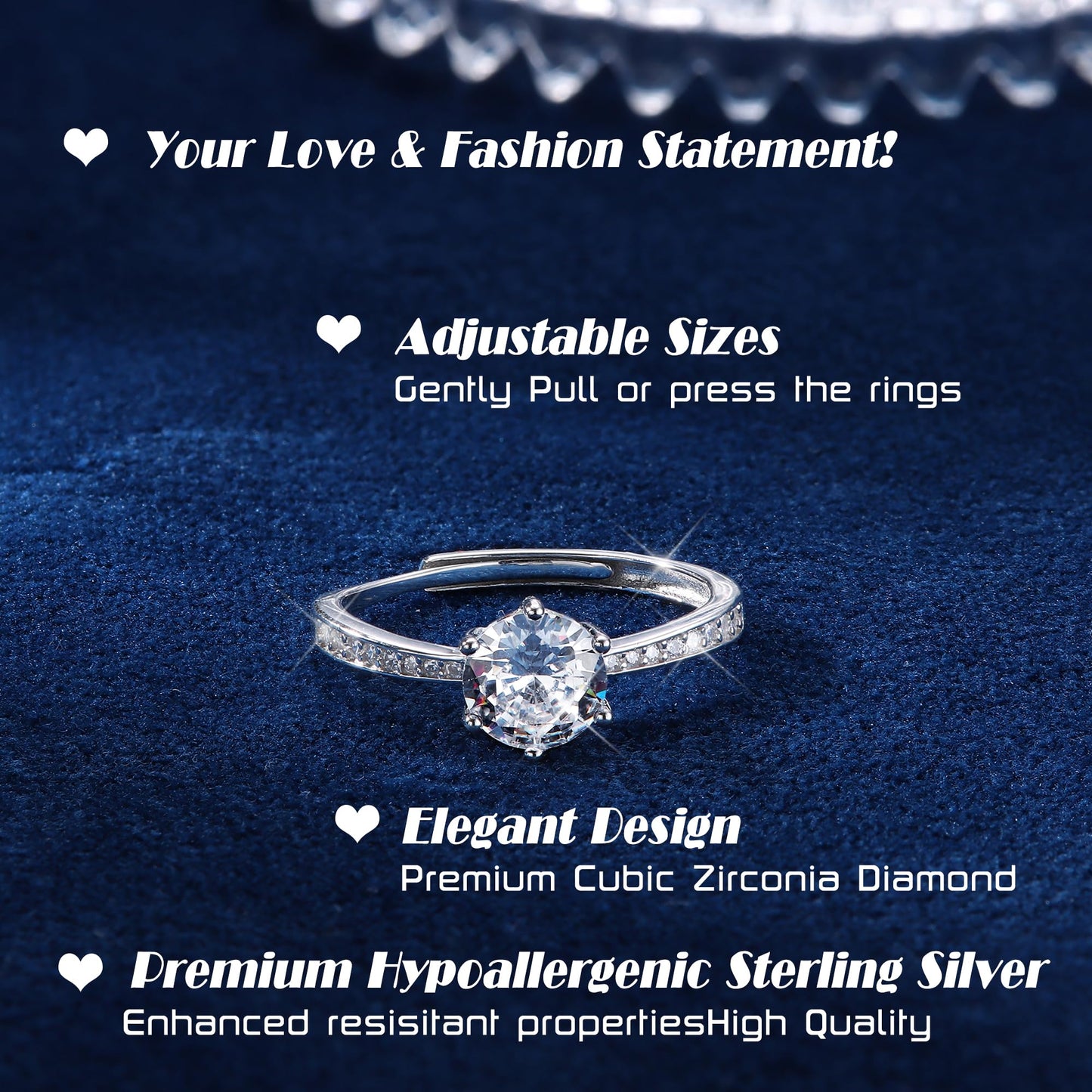 JeweBella 925 Sterling Silver Adjustable Ring for Women