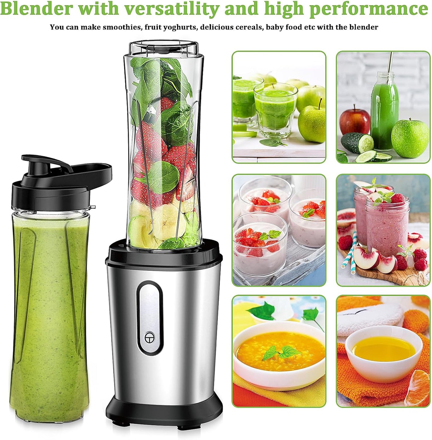 Mixer, 500W Mini Standmixer & Smoothie Maker mit 2x600ml Flaschen BPA frei Tritan, Tragbarer Mixer Smoothie Maker aus Edelstahl 4-Blatt für Shake, Smoothie und Babynahrung, Silber