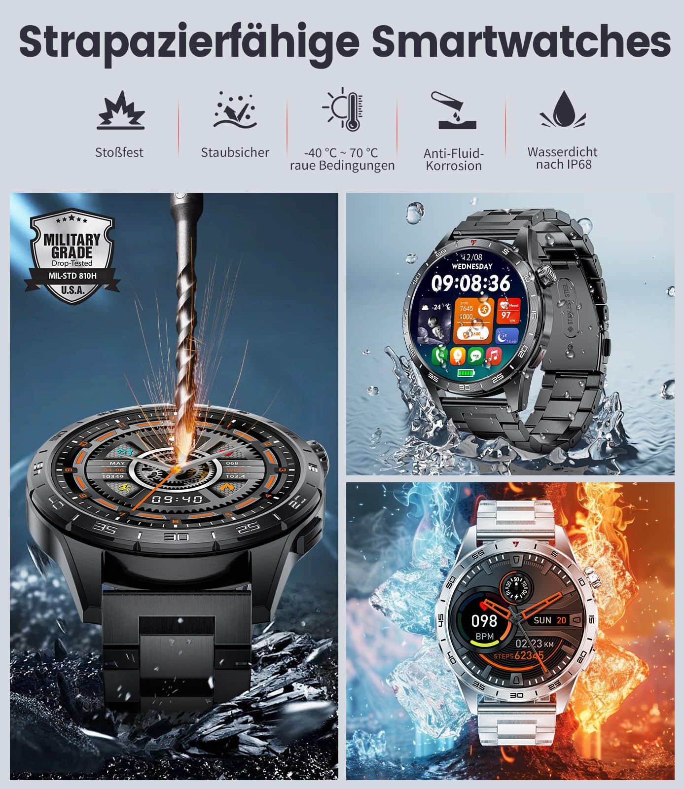 LIGE Smartwatch Herren mit 400mAh Lange Akkulaufzeit für Android iOS,1.43'' Amoled Display,110+ Sportmodi,Bluetooth-Anrufe,IP68 Wasserdicht Fitnessuhr mit Herzfrequenz, SpO2, Schlafmonitor,3 Armbänder