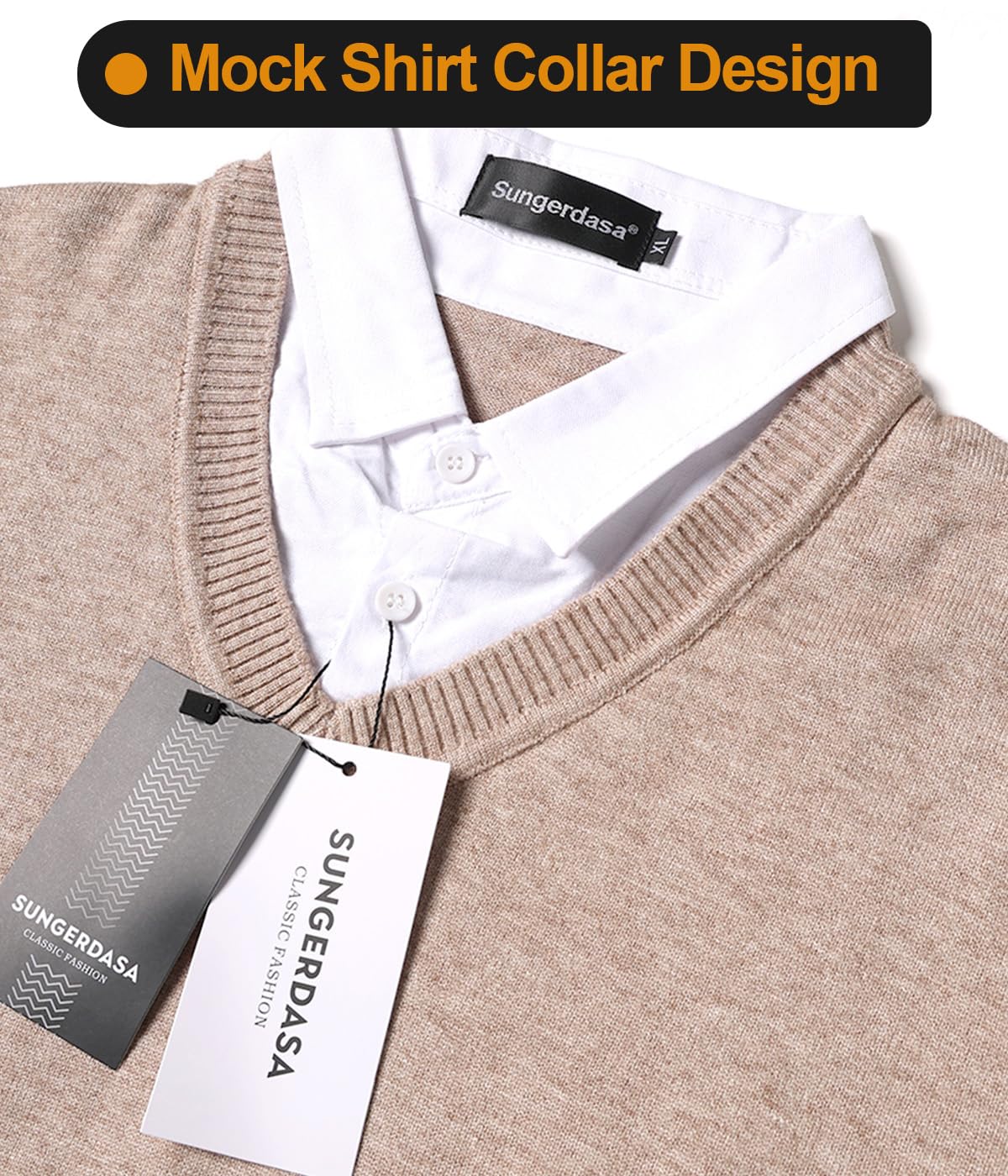 Sungerdasa Men’s 2-in-1 Mock Shirt Collar Sweater – Fine Knit Pullover