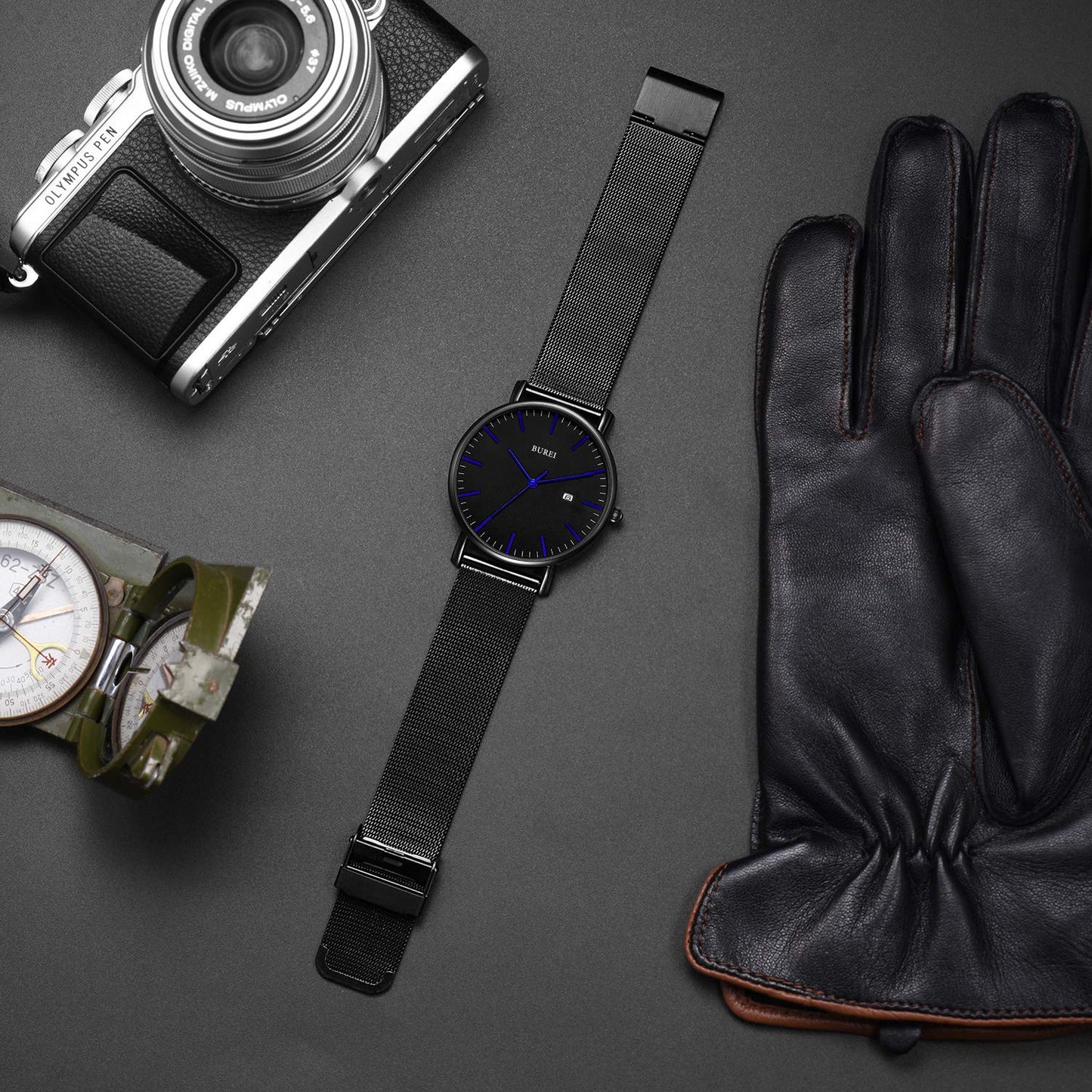 BUREI Ultra Dünne Uhren Herren Schwarze Analoges Datum Armbanduhr Herren mit Japanisches Quarzwerk, Geschenke für Männer