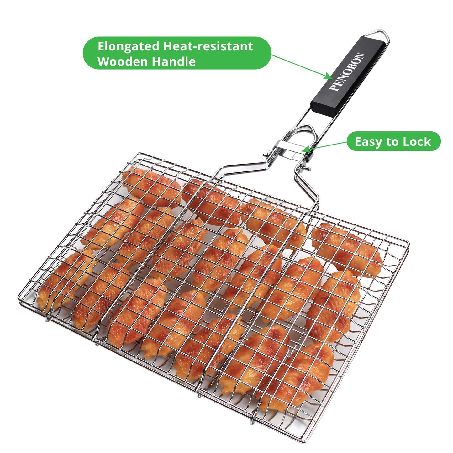 penobon Fisch-Grillkorb, faltbar, tragbarer Edelstahl-Grillkorb für Fischgemüse, Garnelen mit abnehmbarem Griff, mit Backpinsel und Aufbewahrungstasche (Tipo 1)