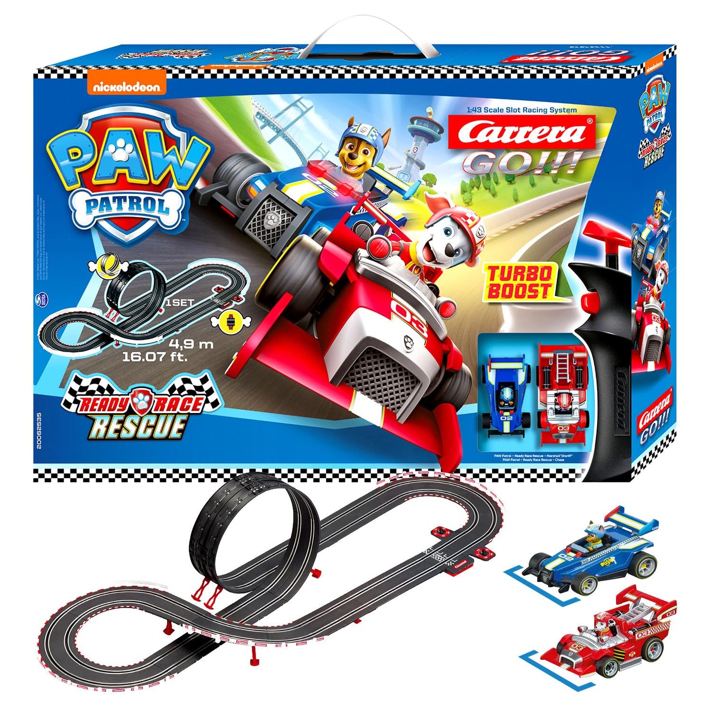 Carrera GO!!! PAW Patrol - Ready Race Rescue Set |2 Slotcars inkl. 2 Handregler mit Turbo-Knopf | Inklusive Chase und Marshall | 4,9 m Streckenlänge mit Looping und Rundenzähler | Maßstab 1:43