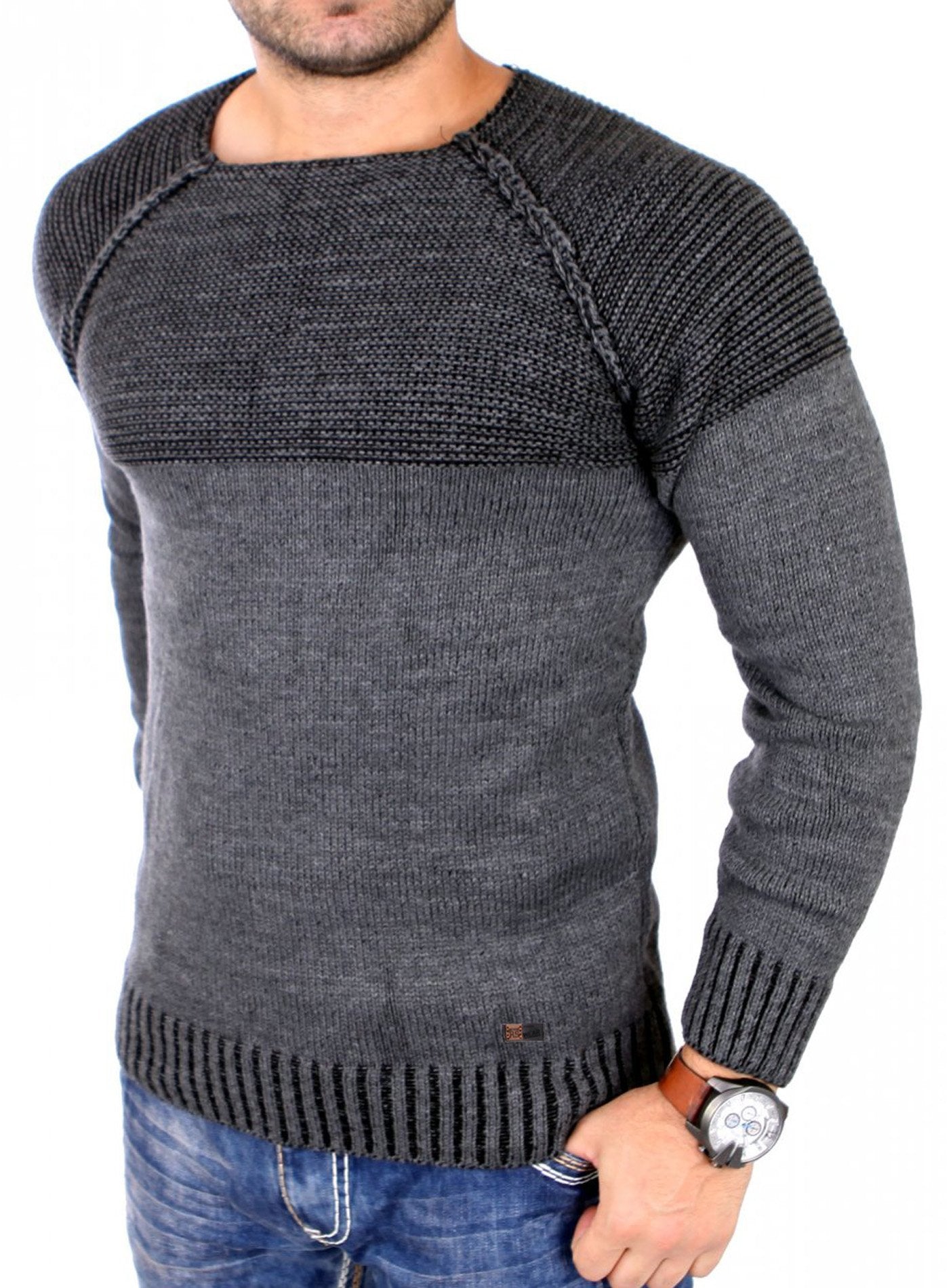 Reslad Men’s Two-Tone Chunky Knit Sweater – Slim Fit Crewneck Pullover