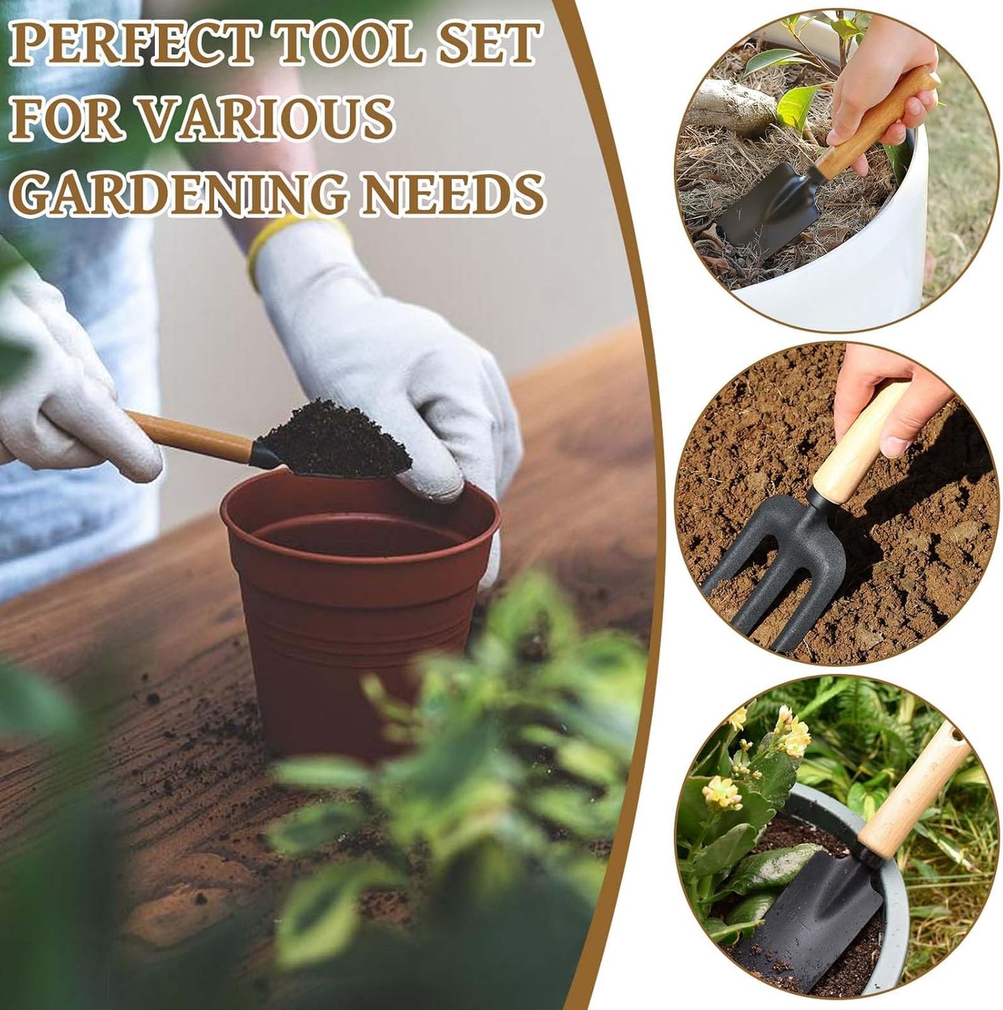 Gartenwerkzeug Set, 3 Stück Premium Gartengeräte-Set Holzgriff Handheld Gartenschaufel Kleine Schmale Schaufel Harke Gartenset Garten Tools für Bonsai Werkzeug Pflanze Topfblumen