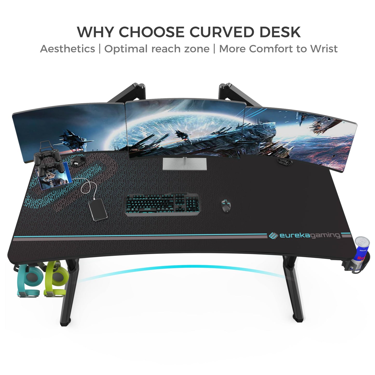 EUREKA ERGONOMIC Gaming Tisch 152×70cm Gaming Schreibtisch Großer Computertisch Ergonomischer PC Tisch Gamer mit Kopfhörerhaken, Getränkehalter für Home Office