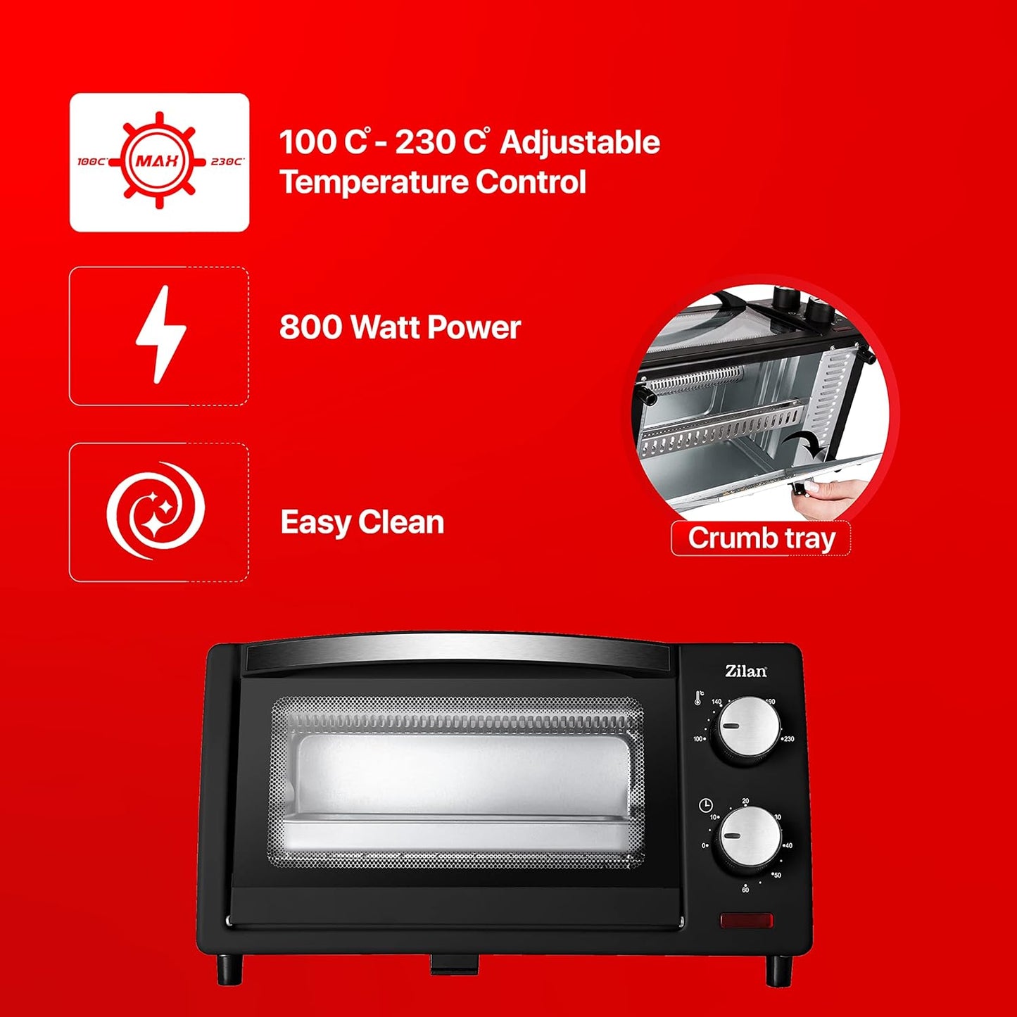 Zilan Elektro-Backofen, 9 l, Doppel-Sicherheitsglas, Timer, 2-teilig, Quarzwiderstand, Krümelplatte, 1 quadratische Platte, verchromtes Grill, 800 W