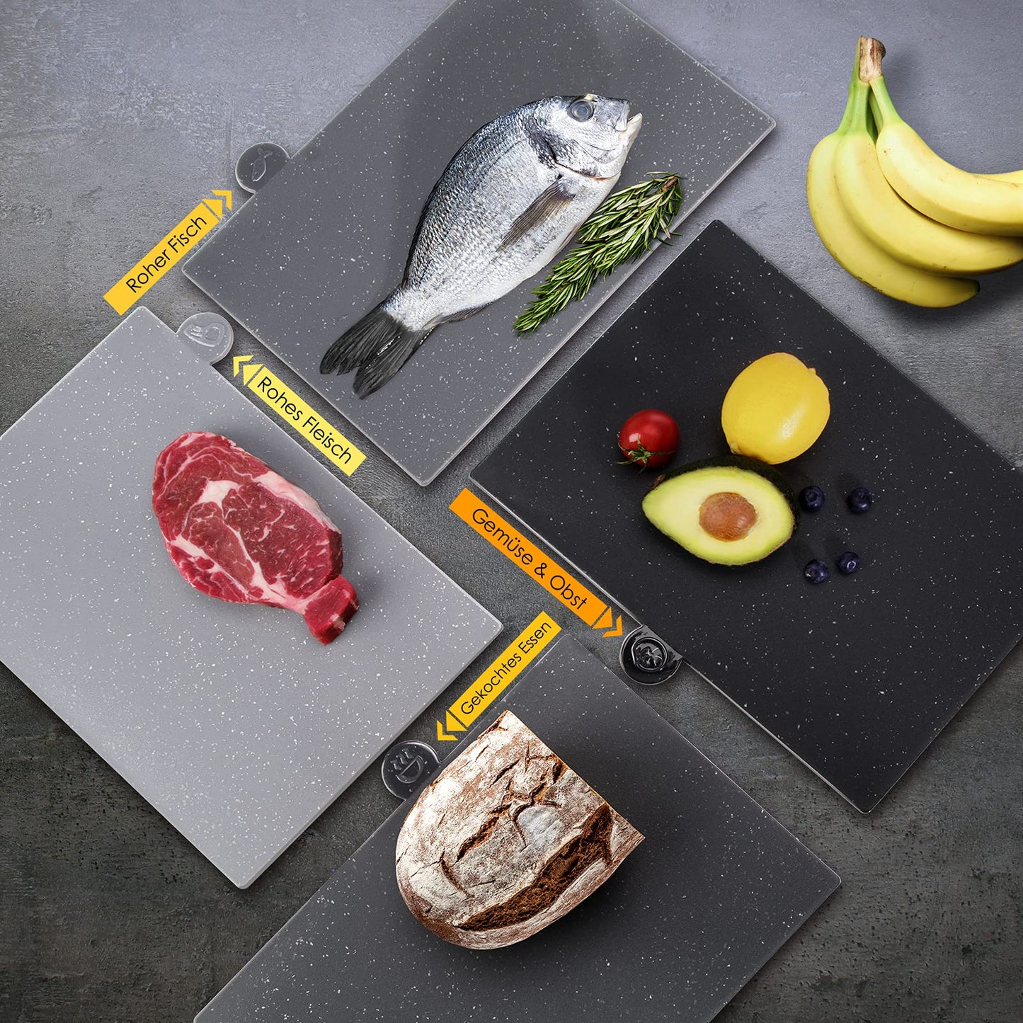 Myiosus Schneidebrett Kunststoff, 4 Stück Schneidebrett mit Griff, Rutschfest Schneidebretter für die Küche, Flexibel Schneidebrett Set mit Ständer für Gemüse, Fleisch, Obst, BPA-frei, 37.6 x 25.8cm