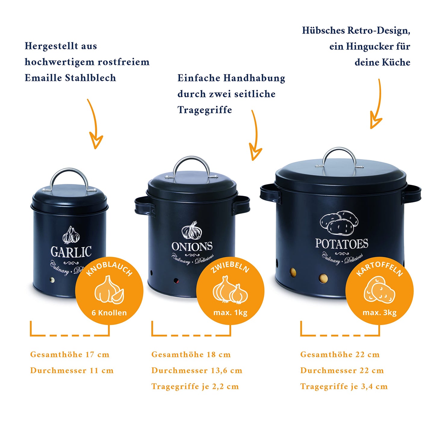 HIKITCHEN® Vorratsbehälter-Set für länger frisches Gemüse (schwarz) - Stilvolle Kartoffel-, Knoblauch- und Zwiebel-box/topf - Gemüsebehälter