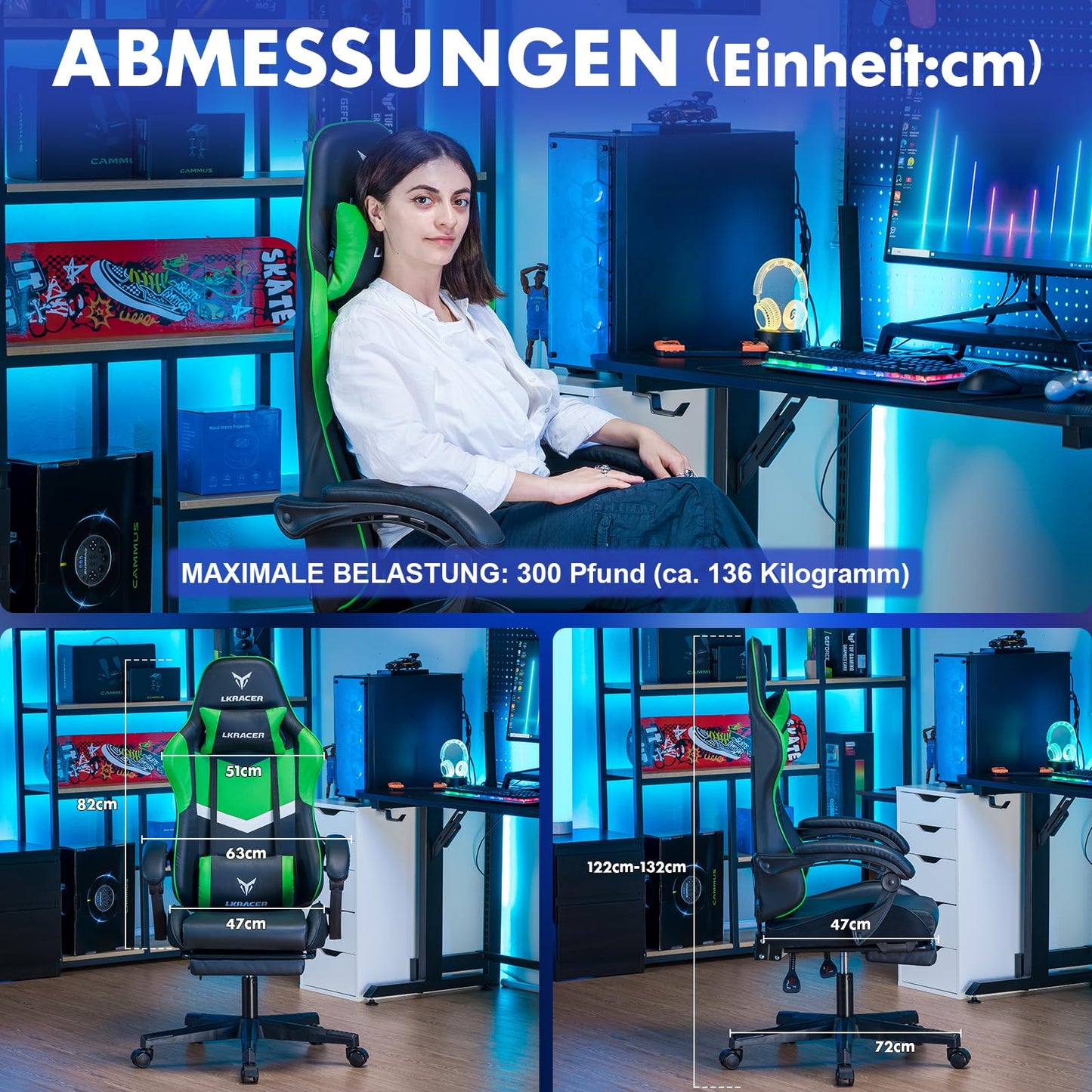 LUCKRACER Gaming Stuhl mit fußstütze Bürostuhl Ergonomisch mit verstellbare Lendenkissen, Kopfkissen Gaming Chair,Höhenverstellbarer Gamer Stuhl, 150 kg Belastbarkeit Grau