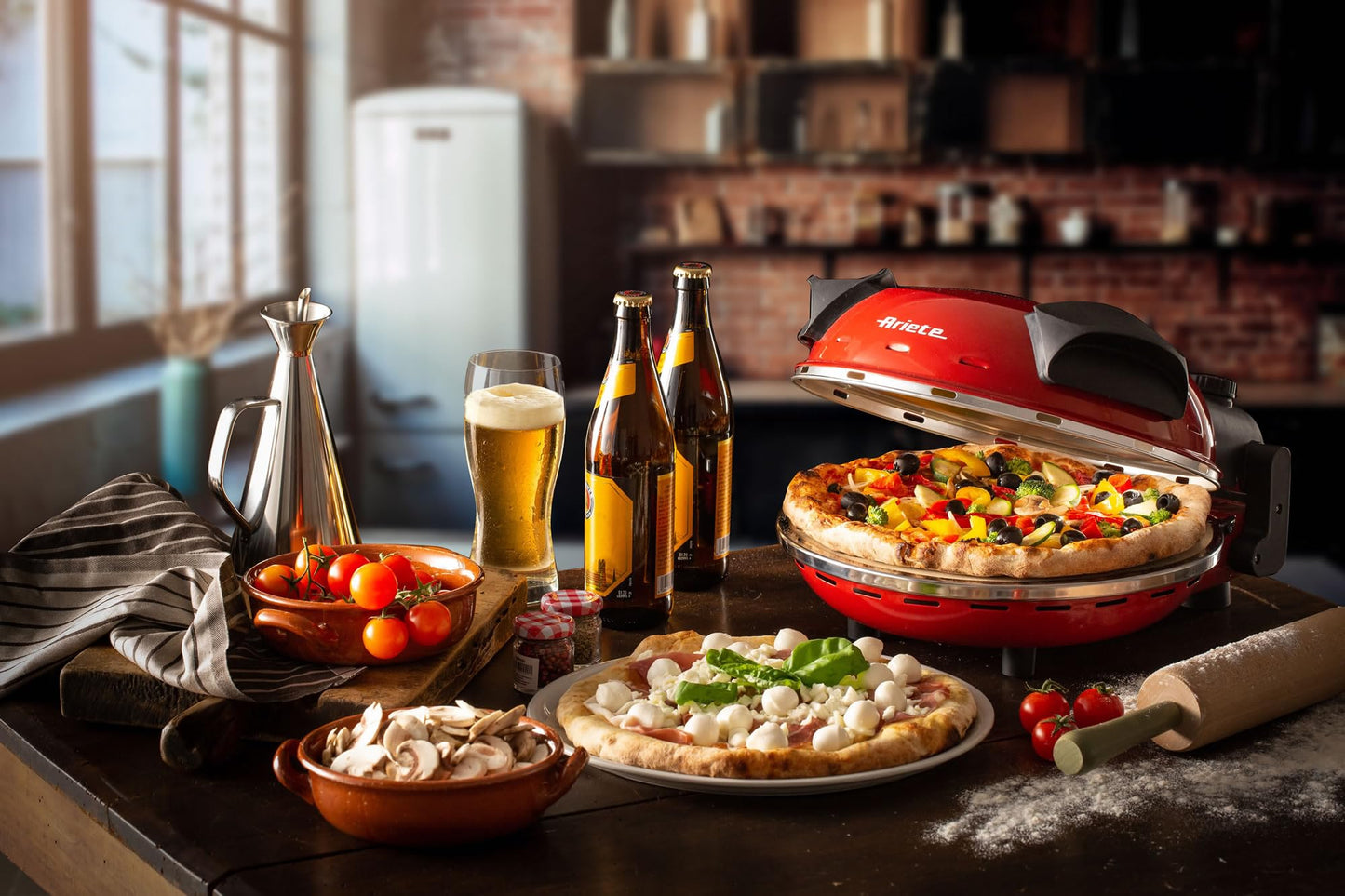 Ariete Pizzaofen 919, 4-Minuten-Pizza, Pizzaofen mit 5 Garstufen, Feuerfeste Platte zum Wiederaufwärmen, Holzbrettchen im Lieferumfang Enthalten, Max. Temperatur 400°C, 1200W, Rot