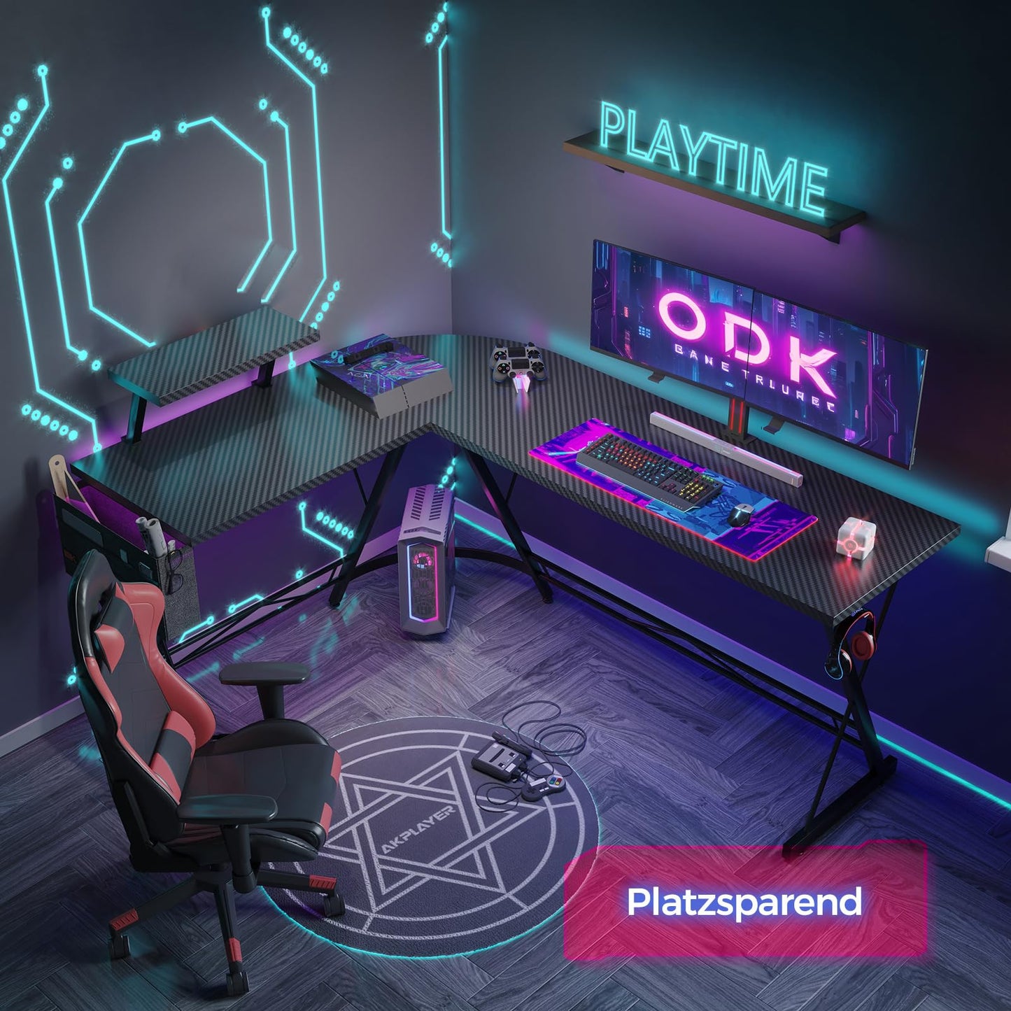 ODK Gaming Tisch, Gaming Schreibtisch Eckschreibtisch für Gamer, Schreibtisch L Form mit Monitorständer für Büro (Schwarz, 127 x 127 cm)