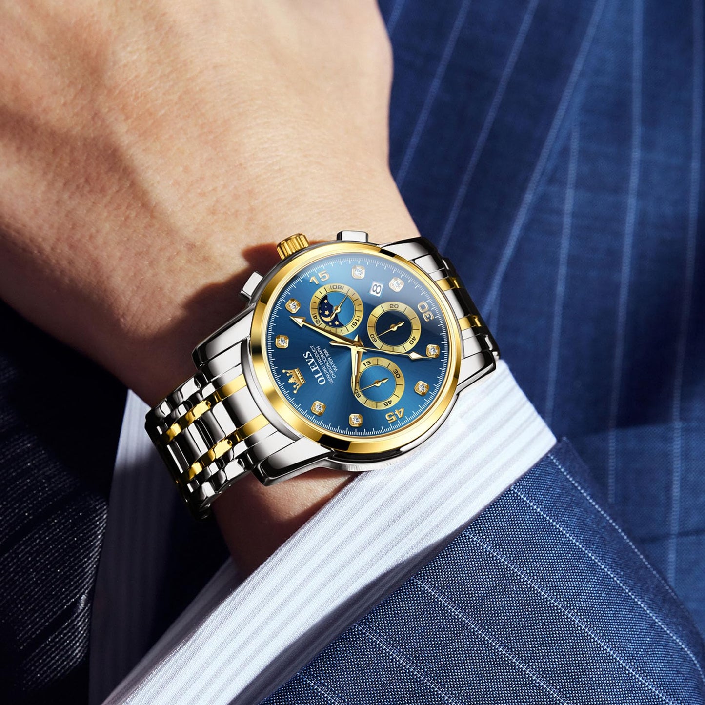 OLEVS Uhren Herren, Edelstahl Analoger Quarzuhr, Multifunktionale Diamanten Herrenuhren, Klassisches Luxuskleid Herrenuhr
