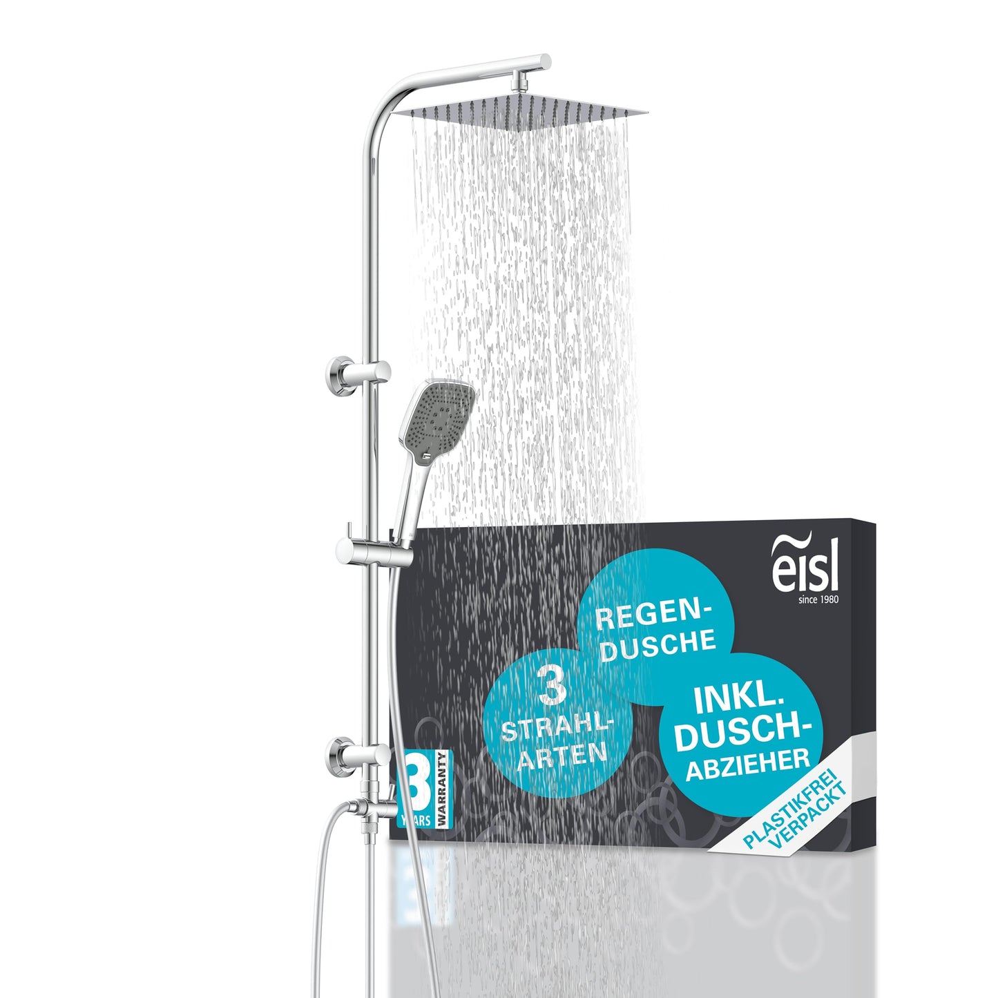 EISL Duschset EASY FRESH, Duschsystem ohne Armatur 2 in 1 mit großer Regendusche (250 x 200 mm) und Handbrause, Regendusche ohne Armatur ideal zum Nachrüsten, komplettes Montageset, Chrom DX12006