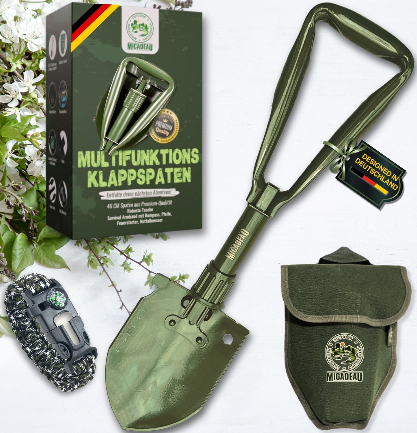 MiCadeau Klappspaten, Ostergeschenk, Geburtstagsgeschenk für Männer, Garten Spaten, Schaufel aus robustem Karbonstahl m. Gürteltasche, ideal fürs Abenteuer, Zelten, Outdoor, Autozubehör (Schwarz)