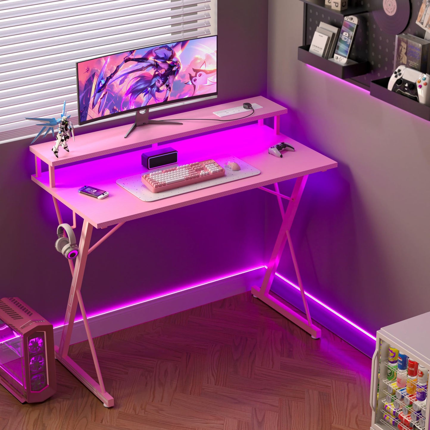 BEXEVUE Gaming Schreibtisch mit Steckdosenleiste LED – 100x50 cm Ergonomic Computer Gamer Tisch, Großer PC Monitorständer, Moderner X Rahmen, Kopfhörerhaken, Studium Arbeit Zuhause Schlafzimmer