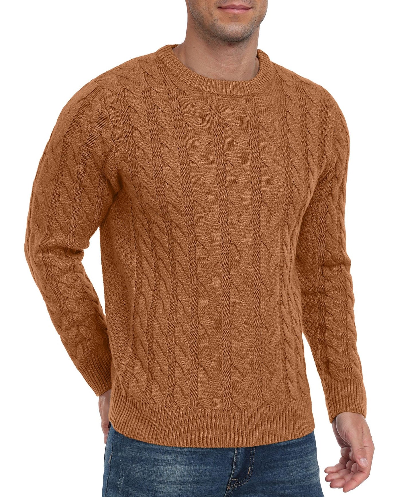 QIXING Men’s Cable Knit Sweater – Chunky Crewneck Pullover