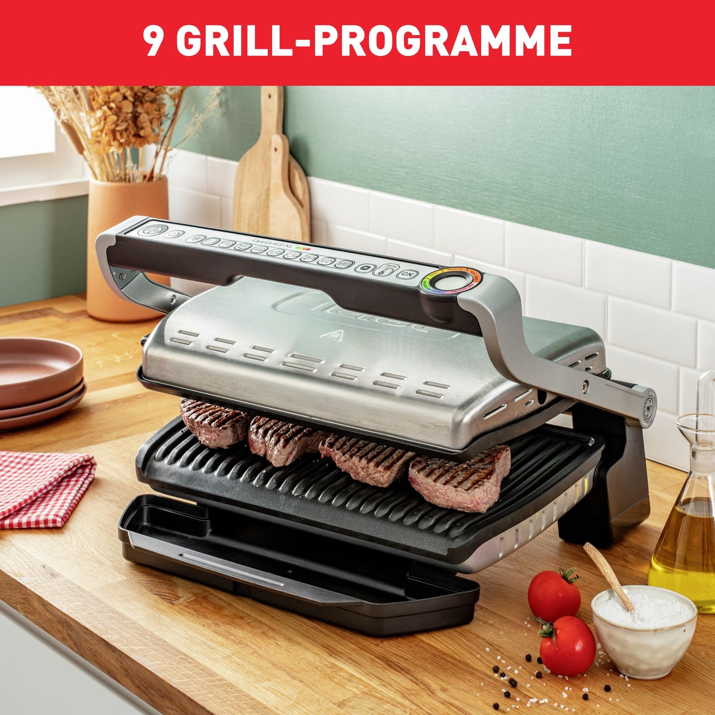 Tefal OptiGrill contact grill, 6 programs, cooking level indicator, removable plates, manual mode, electric grill, black, GC705816