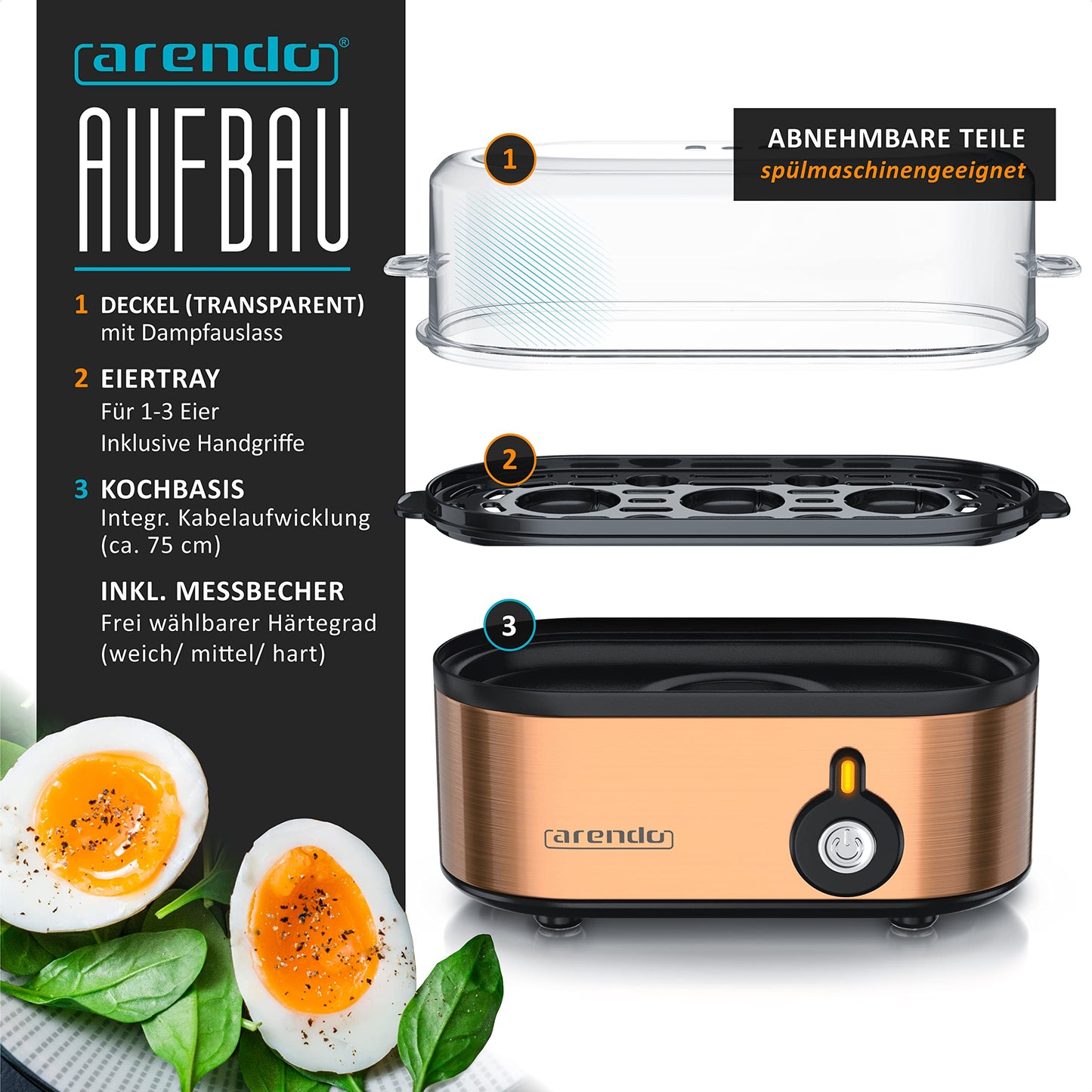 Arendo - Edelstahl Eierkocher Threecook - Egg Cooker - EIN AUS-Schalter - Wählbarer Härtegrad - 210 W - 1-3 Eier - GS - BPA-frei