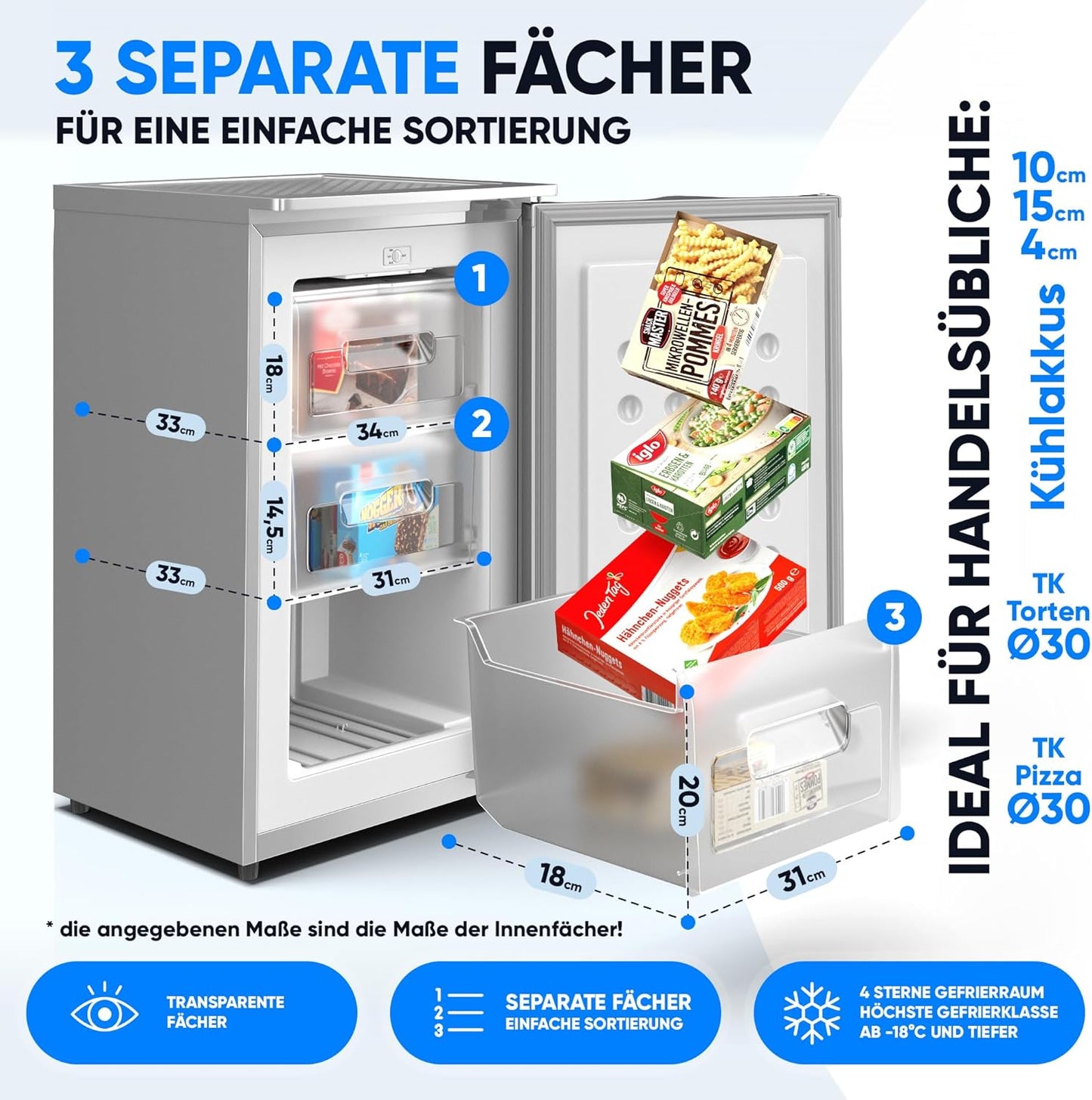 Stillstern freezer C (73L) 4-star freezer compartment -18°C, low energy consumption, 3 compartments, continuously adjustable temperature, reversible door hinge, small freezer, deep freezer