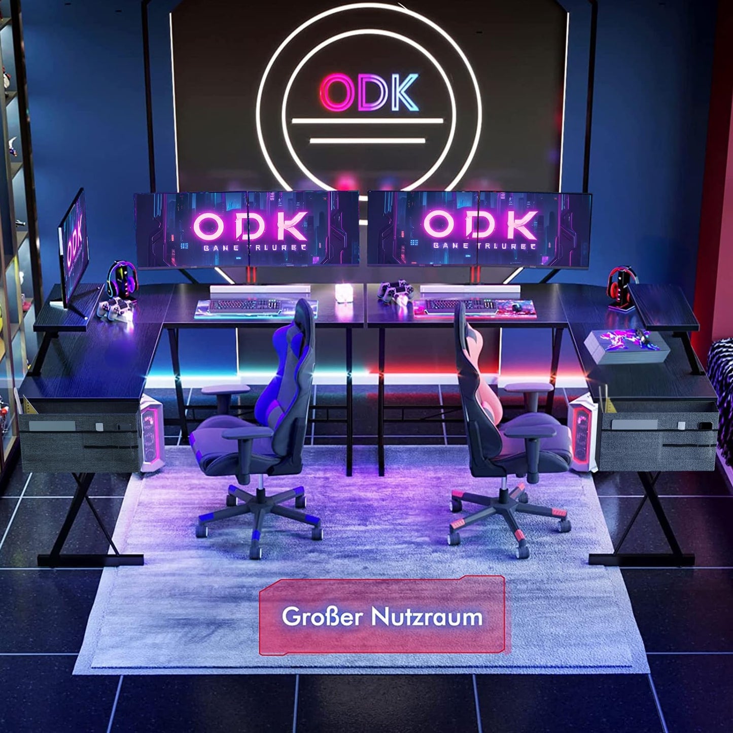 ODK Gaming Tisch, Gaming Schreibtisch Eckschreibtisch für Gamer, Schreibtisch L Form mit Monitorständer für Büro (Schwarz, 127 x 127 cm)