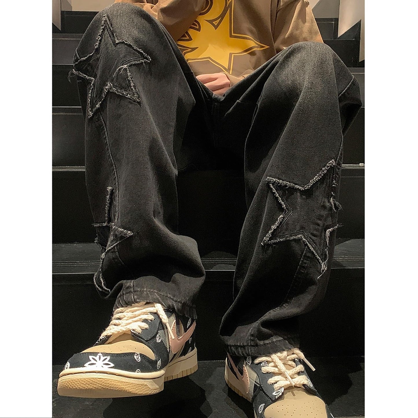 Y2K Vintage Effect Baggy Jeans for Men with Cross Print