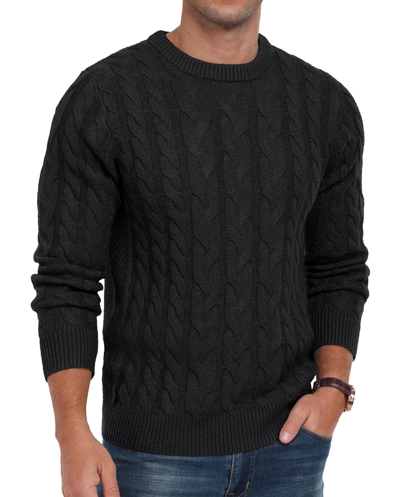 QIXING Men’s Cable Knit Sweater – Chunky Crewneck Pullover