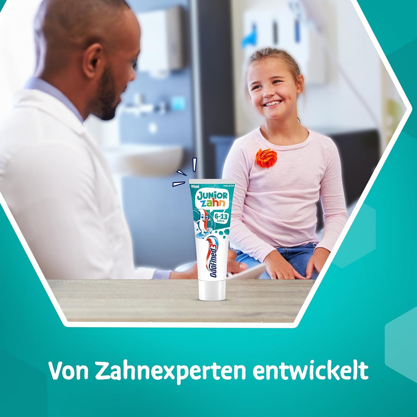 Odol-med3 Juniorzahn Zahnpasta, Zahnpasta Kinder ab 6 Jahren, Zahncreme zum Schutz von Milchzähnen und bleibenden Zähnen, ohne Titandioxid, künstliche Aromen & Süßstoffe, 75ml