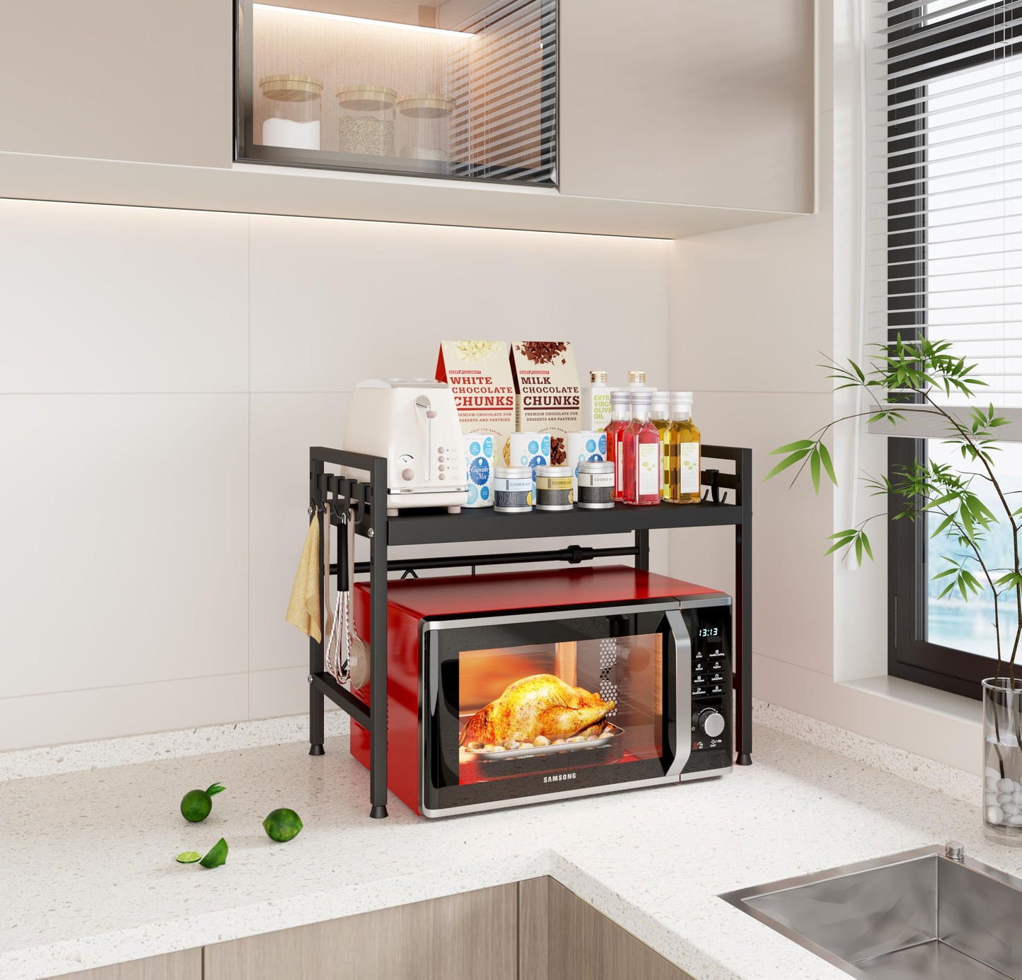 Mointal Verstellbares Mikrowellenregal, 2-Stufig Erweiterbares Küchen Mikrowelle Ständer Regal, Mikrowellenhalter aus Kohlenstoffstahl, Küchenaufbewahrung Organizer mit 8 Haken, Schwarz