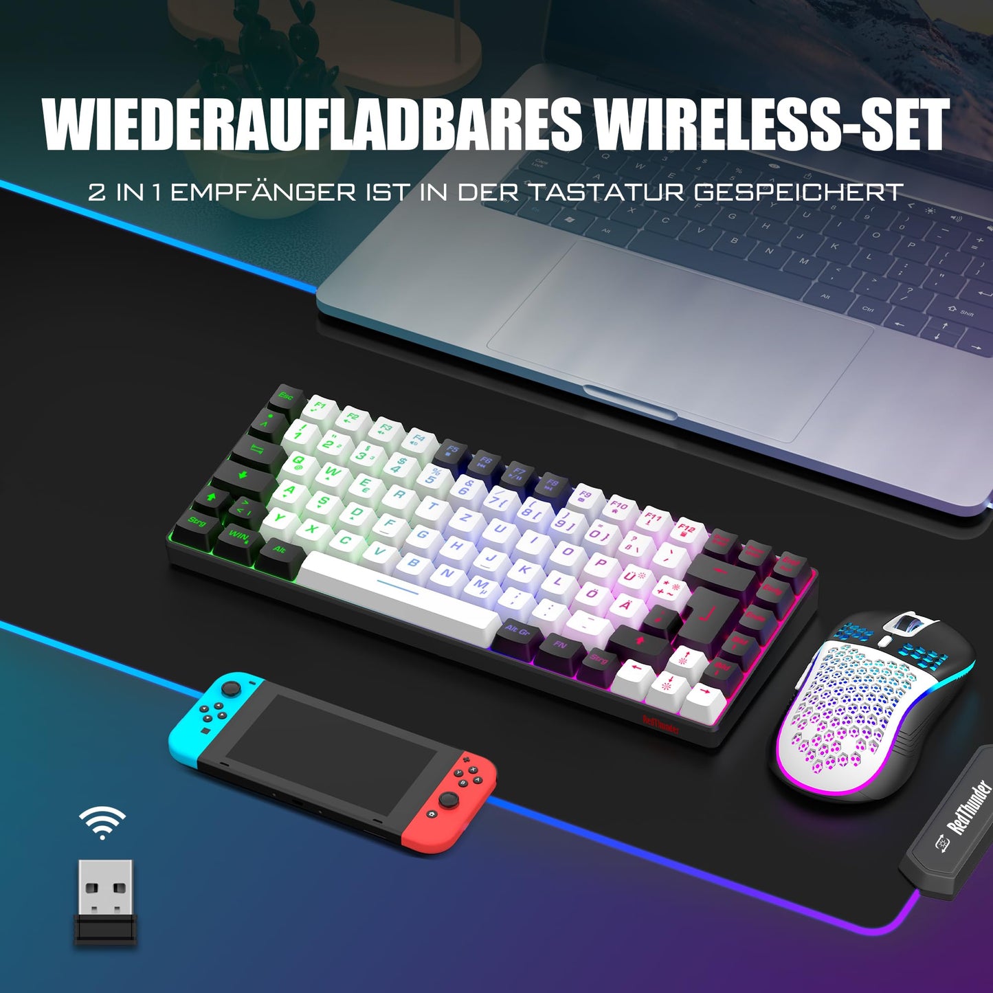 RedThunder 75% Kabelloses Gaming Tastatur und Maus Set, QWERTZ DE Layout, 85 Tasten TKL Wiederaufladbare Kompakte Tastatur, Ultraleichte 7200DPI-Maus mit Wabenkonstruktion für PC MAC PS5 Xbox Gamer