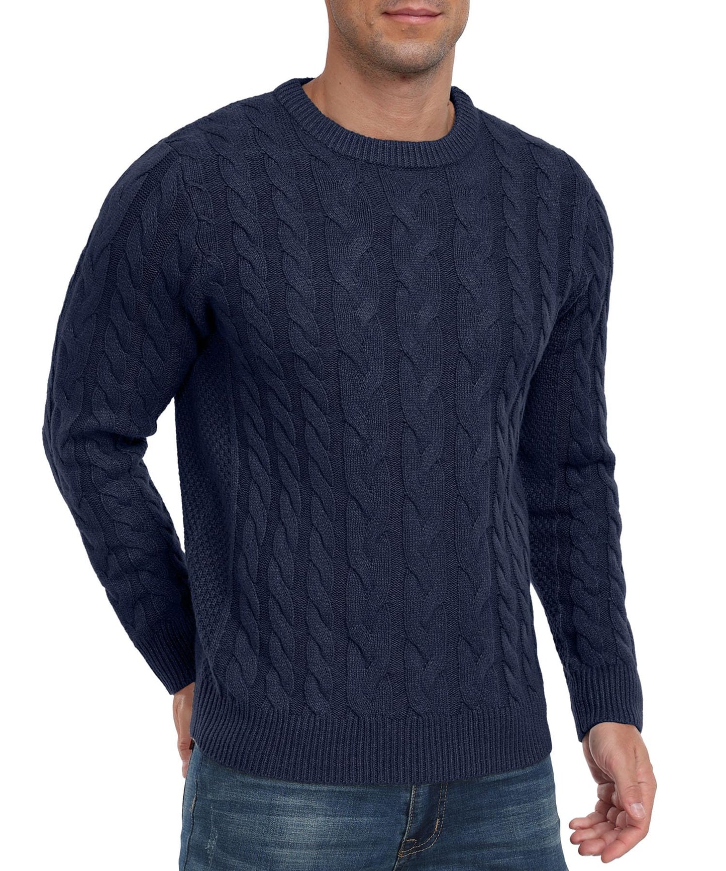 QIXING Men’s Cable Knit Sweater – Chunky Crewneck Pullover