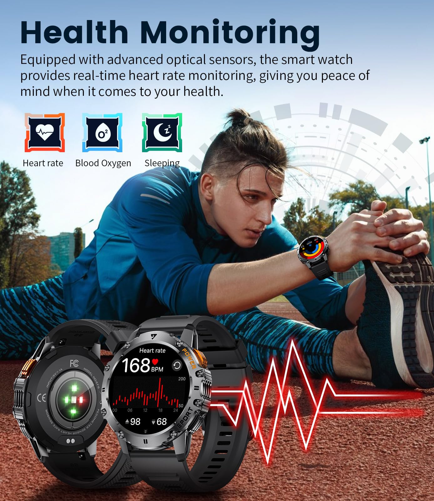 LIGE Smartwatch Herren Militär,Taschenlampe/1.43" AMOLED Sportuhr mit 500 mAh Akku/Telefonfunktion, 110+Sportmodi, IP68 Wasserdicht Smartwatch mit Herzfrequenz/Schlafmonitor für Android iOS,Schwarz