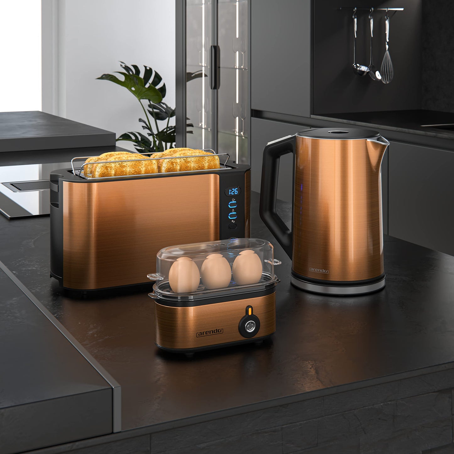 Arendo - Edelstahl Eierkocher Threecook - Egg Cooker - EIN AUS-Schalter - Wählbarer Härtegrad - 210 W - 1-3 Eier - GS - BPA-frei