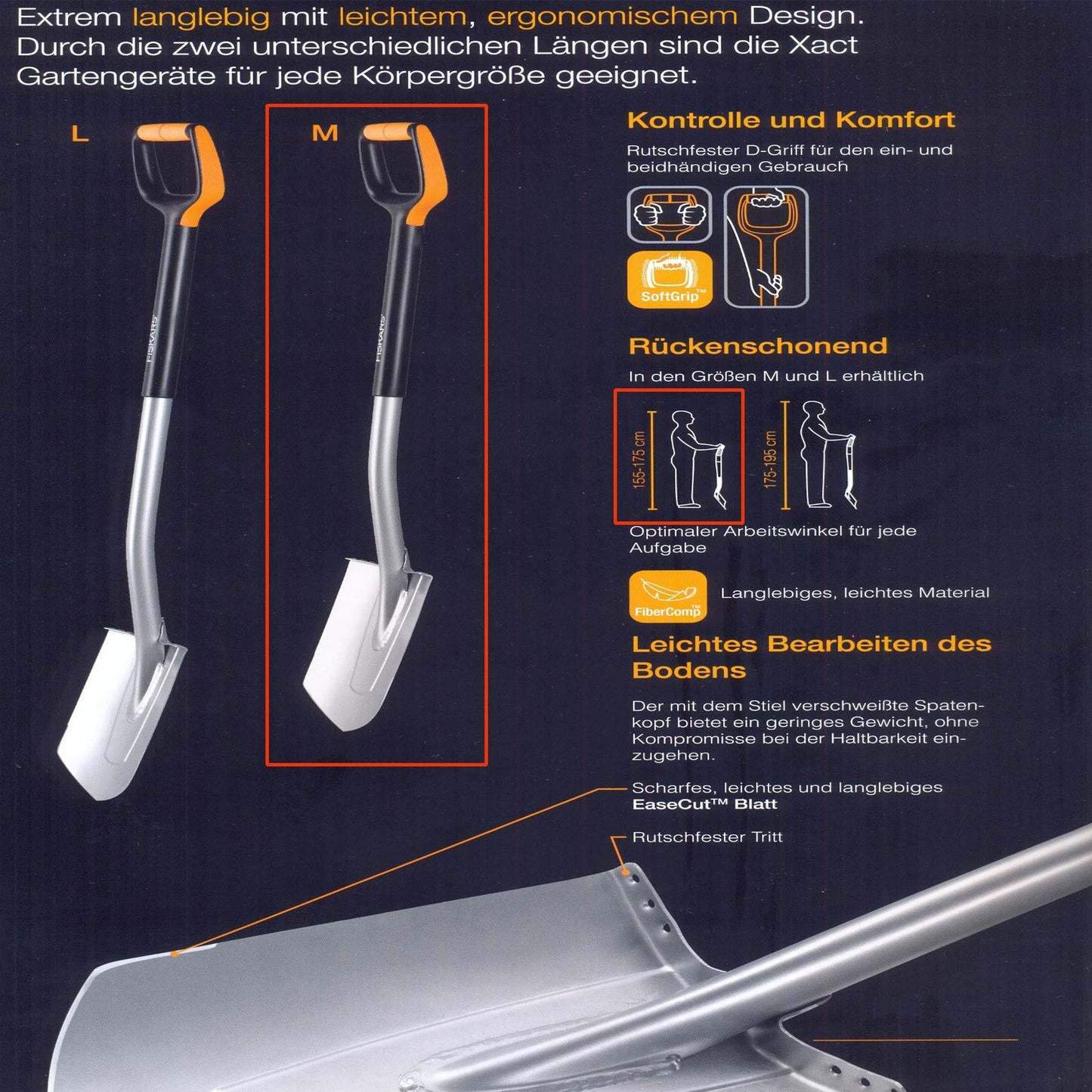 Fiskars Gärtnerspaten für harte, steinige Böden, Spitz, Länge: 120 cm, Verstärktes Borstahl-Blatt, Schwarz/Orange, Xact, 1066729