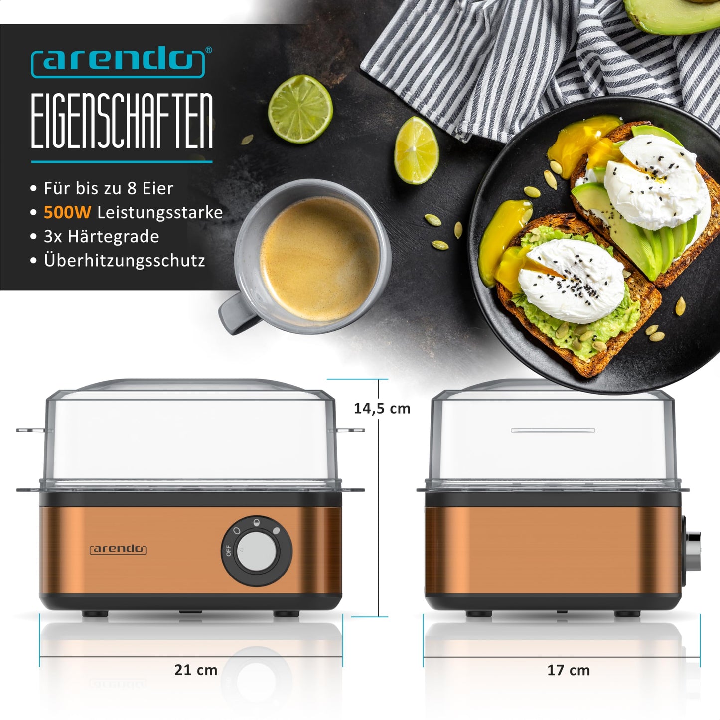 Arendo - Eierkocher Edelstahl für 1 bis 8 Eier - Egg Cooker - 500 W – Kontroll Leuchte – Drehregler für drei Härtegrade - spülmaschinengeeignet | Cool Grey