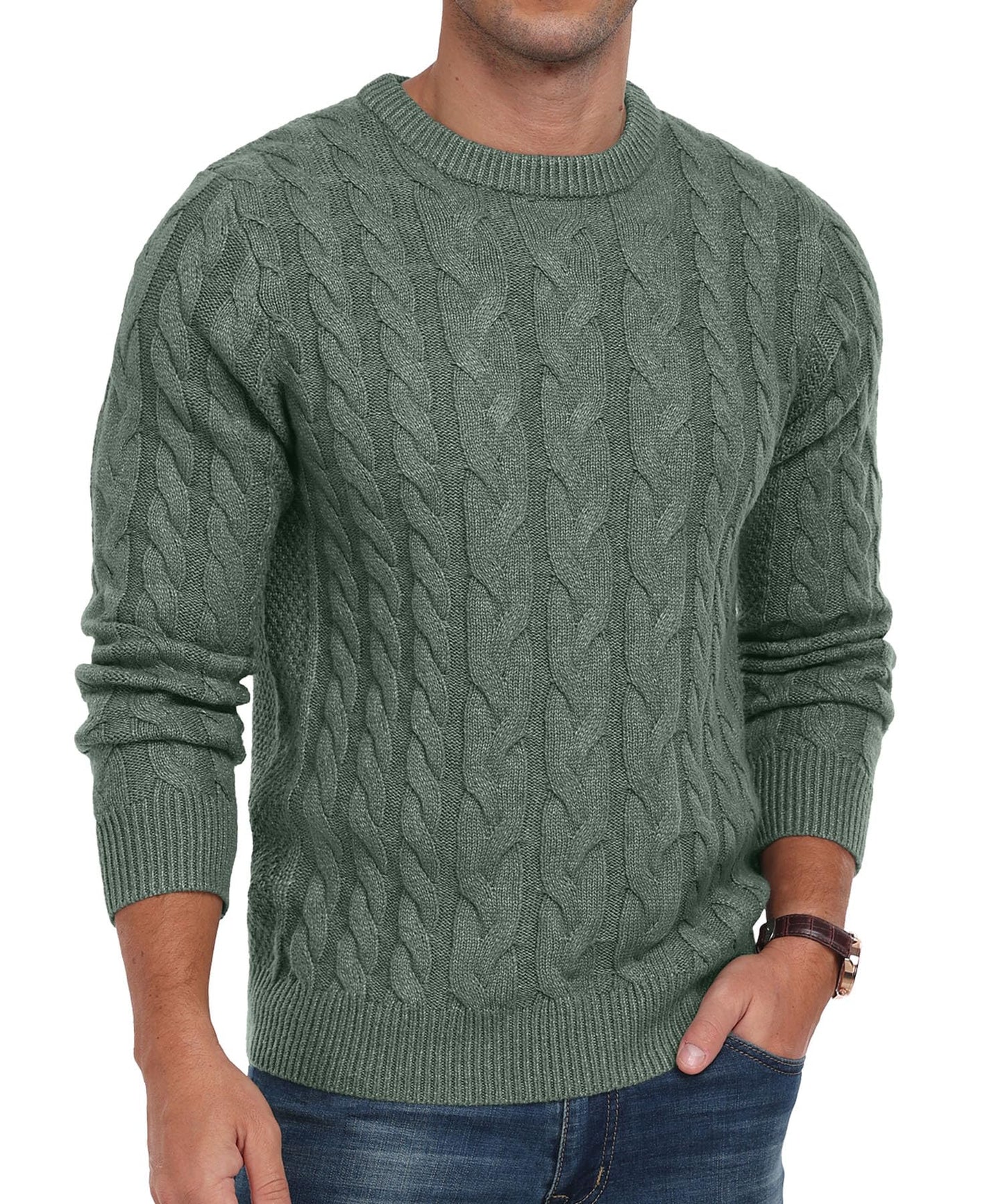 QIXING Men’s Cable Knit Sweater – Chunky Crewneck Pullover