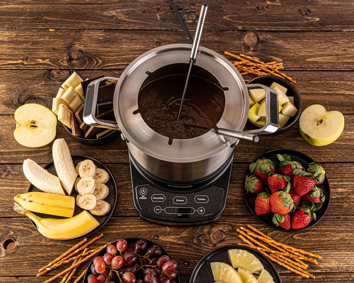 ROMMELSBACHER Electric Fondue Set F 1200 - Fondue Pot Made of Stainless Steel (2.5 Litres), 6 Fondue Forks, 3 Programmes, Extra Long Cable, High Temperature Accuracy, 1200 Watt