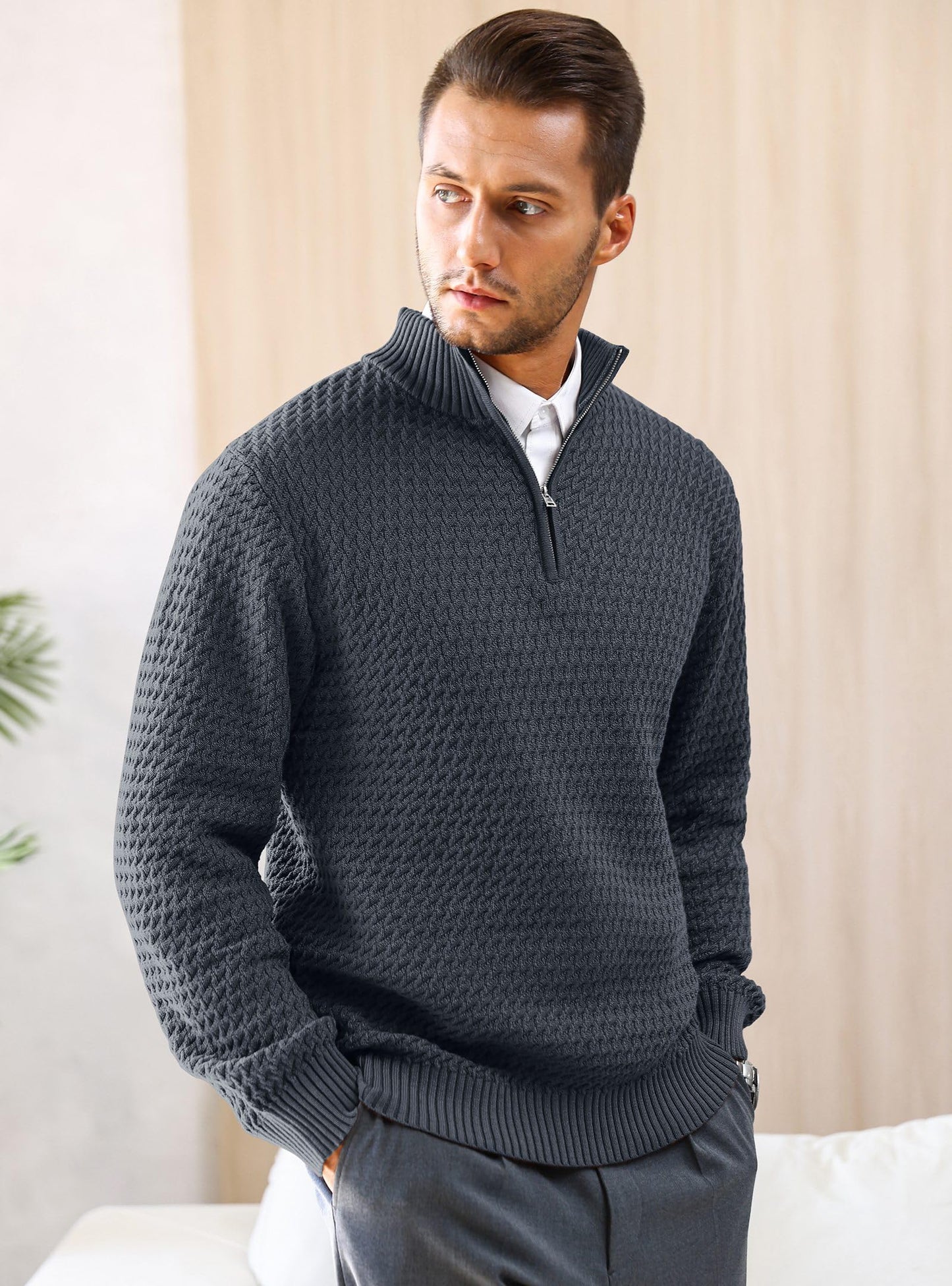 HYPESTFIT Men’s 1/4 Zip Turtleneck Sweater – Warm Knit Pullover