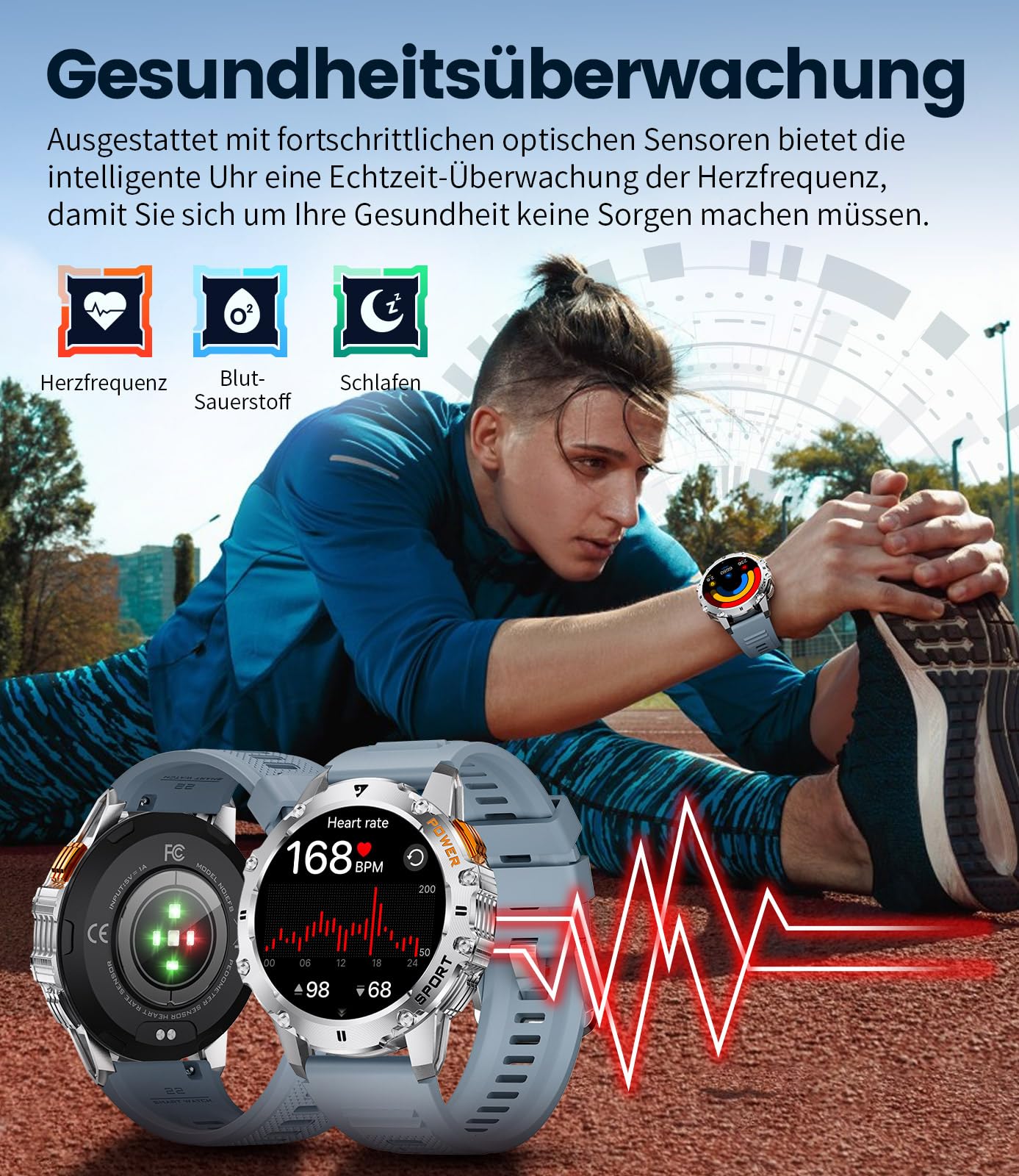 LIGE Smartwatch Herren Militär,Taschenlampe/1.43" AMOLED Sportuhr mit 500 mAh Akku/Telefonfunktion, 110+Sportmodi, IP68 Wasserdicht Smartwatch mit Herzfrequenz/Schlafmonitor für Android iOS,Schwarz