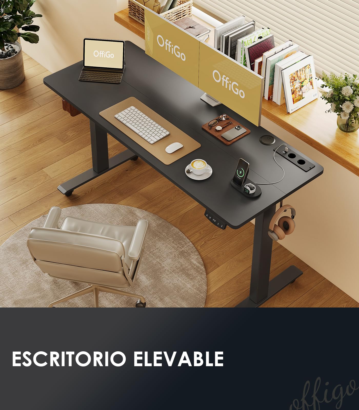 OffiGo Höhenverstellbarer Schreibtisch, 180cm, Elektrischer Schreibtisch mit USB, Schreibtisch Höhenverstellbar mit 2 Memory Funktion, Tisch Höhenverstellbar für Büro, Zuhause, Gaming, Schwarz