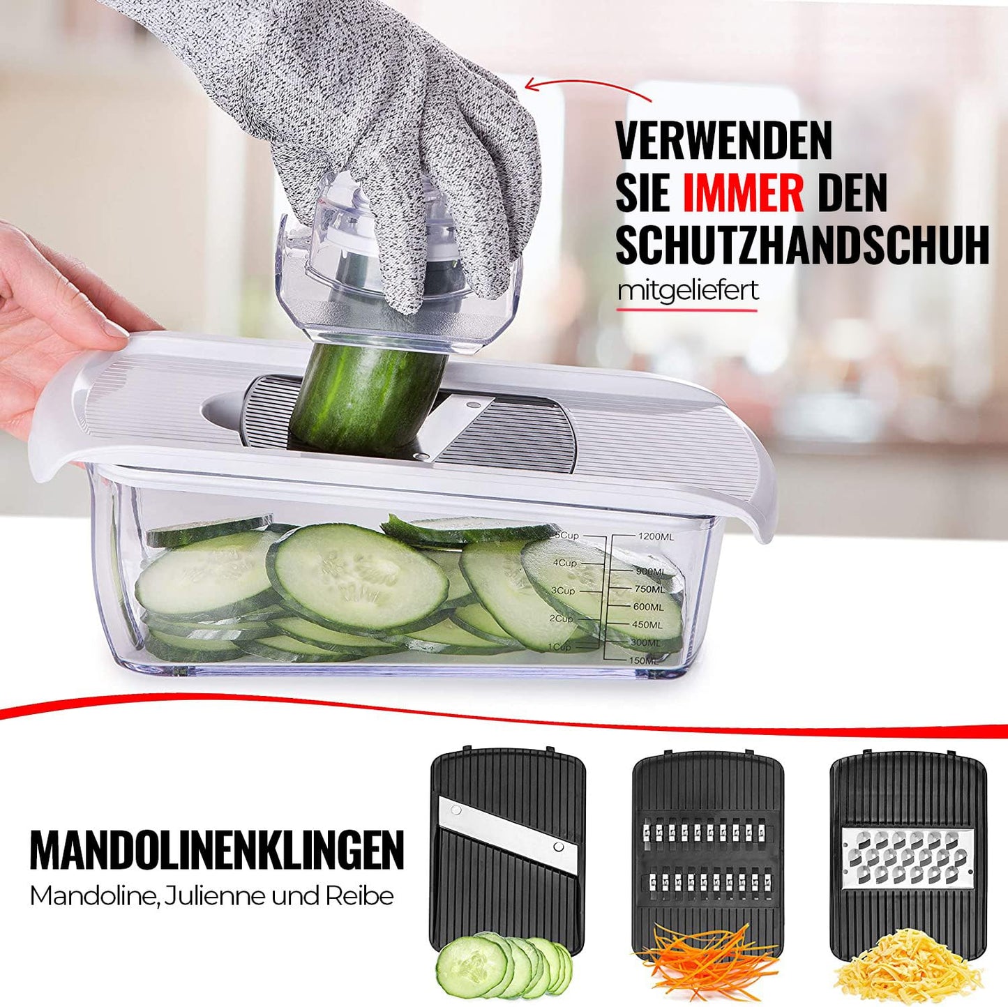 Gemüseschneider Mandoline Gemüsehobel - Gemüse Schneider Gurkenhobel Zwiebelschneider Kartoffelschneider Obstschneider - Reibe für Gemüse und Käse - Julienneschneider (6-in-1 Kompakt Weiß)