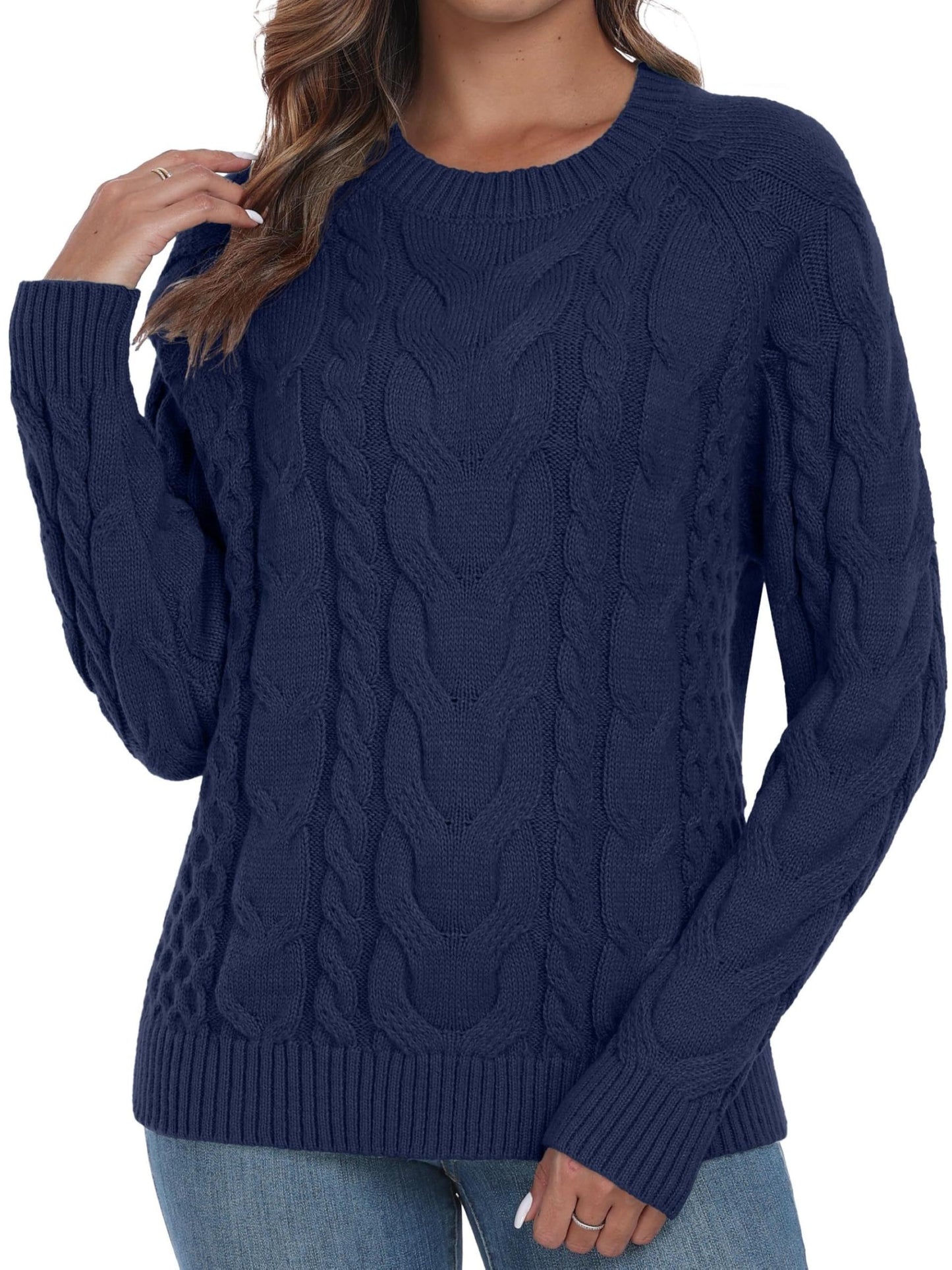 QIXING Women's Cable Knit Sweater – Elegant Long Sleeve Round Neck Winter Pullover