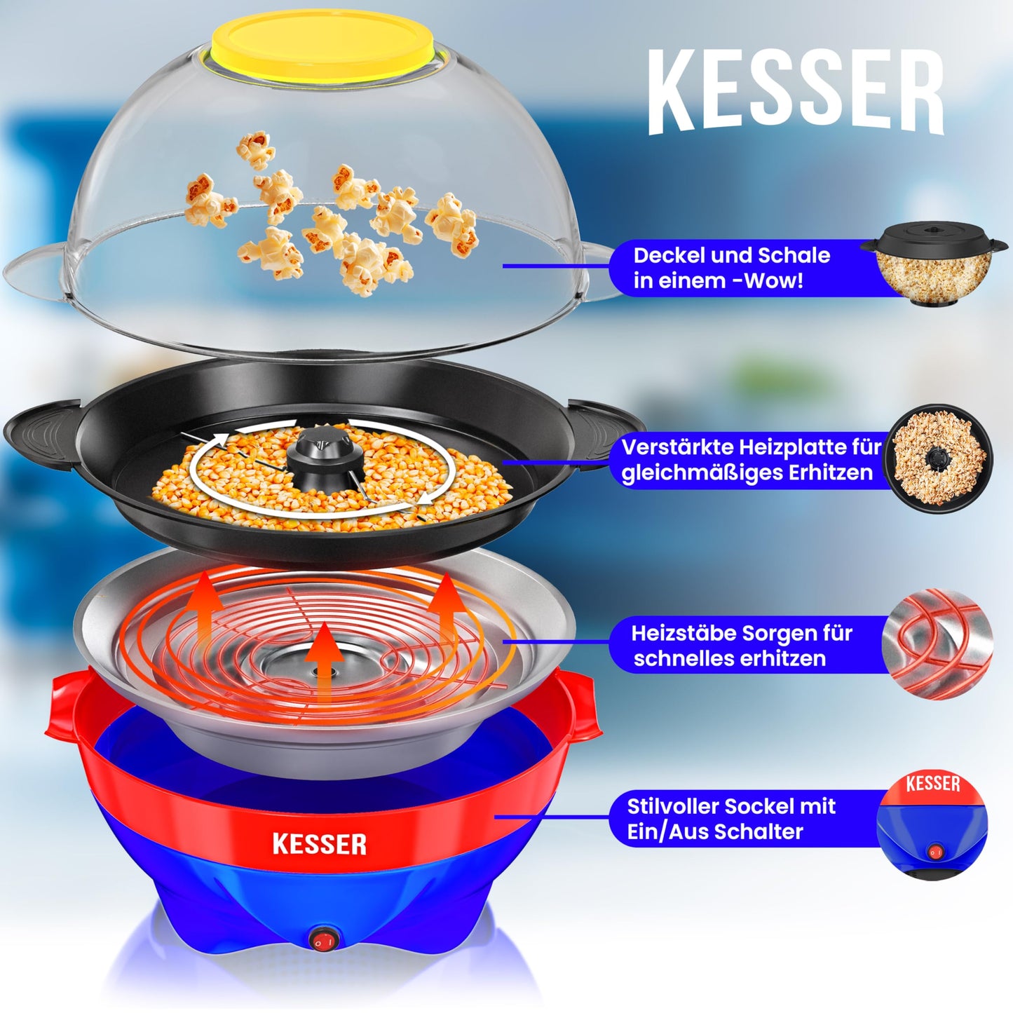KESSER® Popcornmaschine Groß 800W | Popcorn-Maker 5,5l Inhalt mit Antihaftbeschichtung Deckel & Servierschale | für Öl Butter Zucker Stille & Schnelle inkl. abnehmbarer Heizfläche