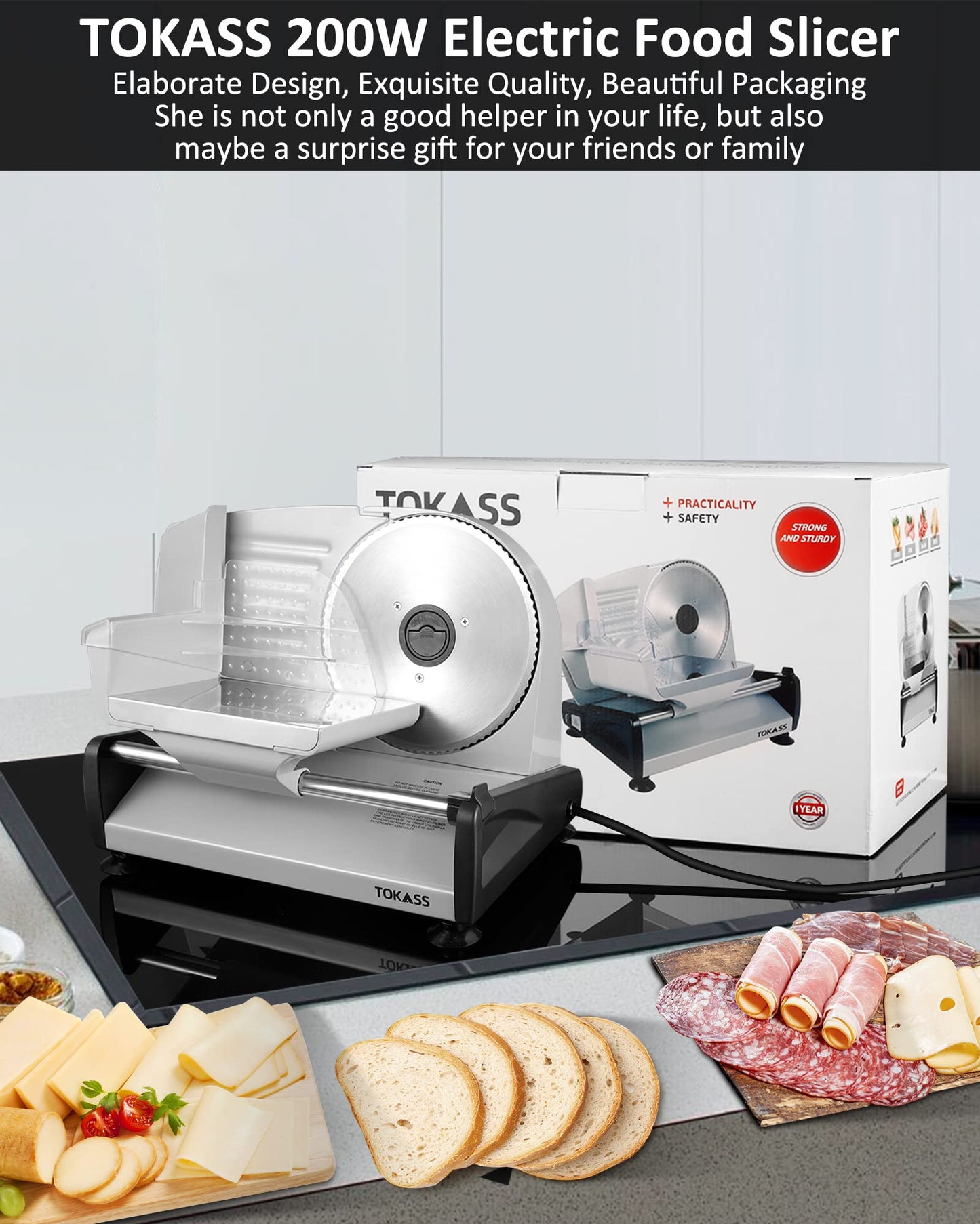 200 Watt Electric Slicer Stainless Steel - Adjustable Food Processor 0 to 15mm - 2 Blades - Sausage Slicer - Bread Slicer, Ham Slicer, Electric Knife Meat & Cheese