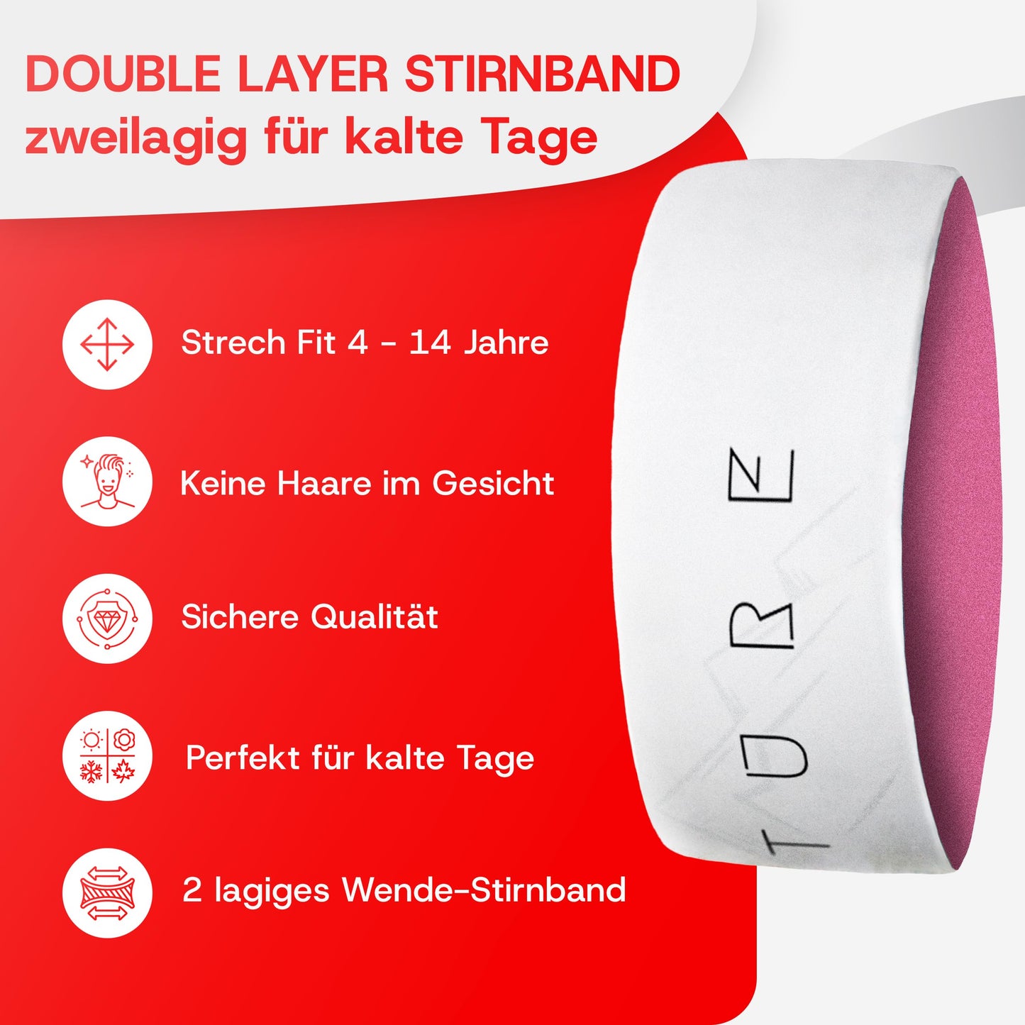 Junior 4-14 Jahre Sport Stirnband zum Wenden, 2-lagig für kalte Temperaturen, schnelltrocknend, Headband, Ohrenschützer, Schweißband, Haarband, Kopfband, Wandern, Laufen, Rad, Ski
