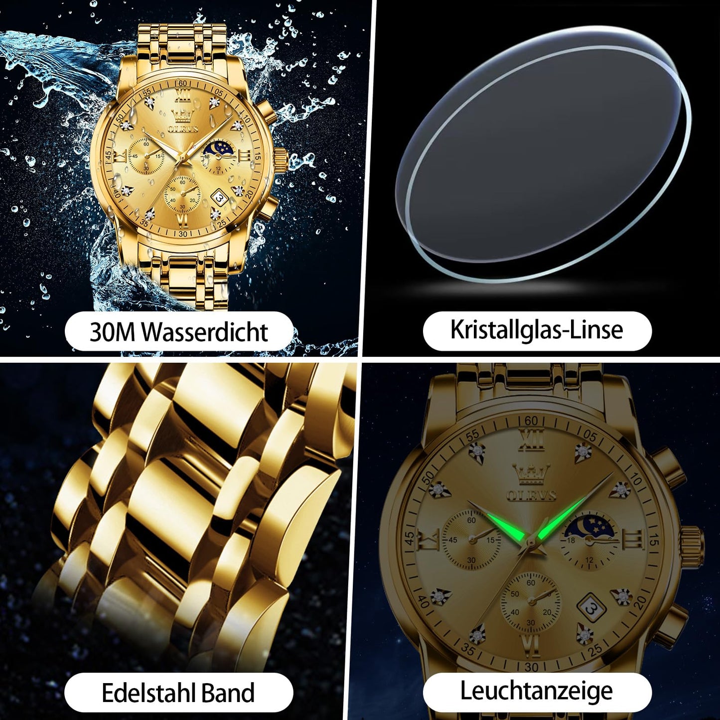 OLEVS Uhren Herren, Edelstahl Analoger Quarzuhr, Multifunktionale Diamanten Herrenuhren, Klassisches Luxuskleid Herrenuhr