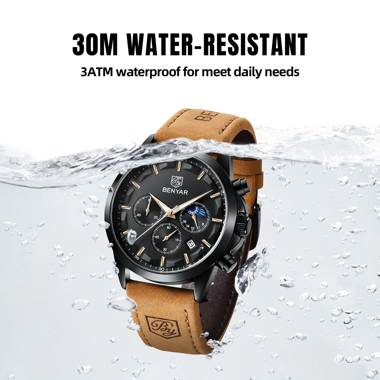 BY BENYAR Uhren Herren Chronograph Analog Quarz Wasserdicht Armbanduhr Herren Mode Lässig Business Herrenuhr mit Kalender Lederarmband/Edelstahlarmband Uhr Geschenk für Männer