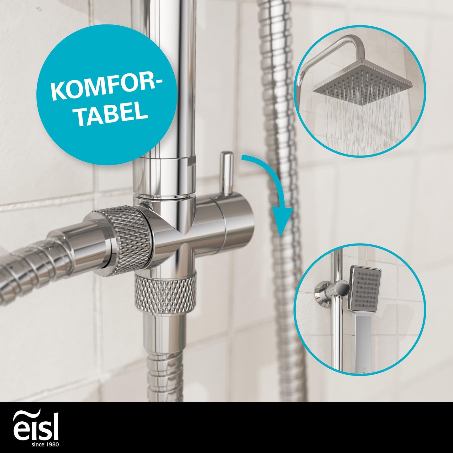 EISL Duschset EASY FRESH, Duschsystem ohne Armatur 2 in 1 mit großer Regendusche (250 x 200 mm) und Handbrause, Regendusche ohne Armatur ideal zum Nachrüsten, komplettes Montageset, Chrom DX12006